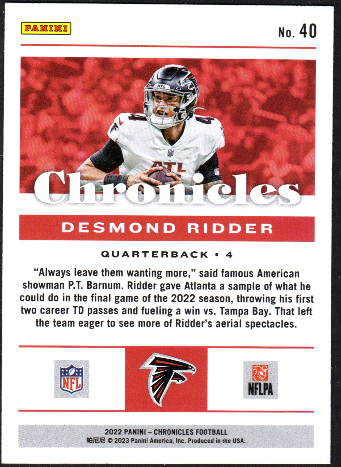 Desmond Ridder Atlanta Falcons #40 - 2022 Panini