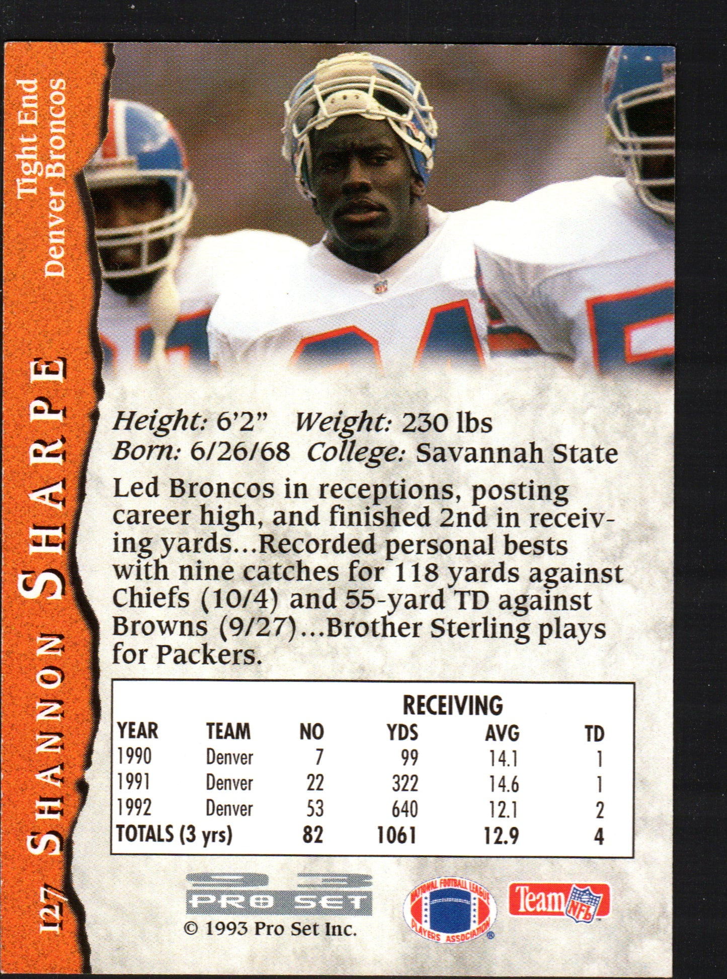 Shannon Sharpe Denver Broncos #127 - 1993 Pro Set