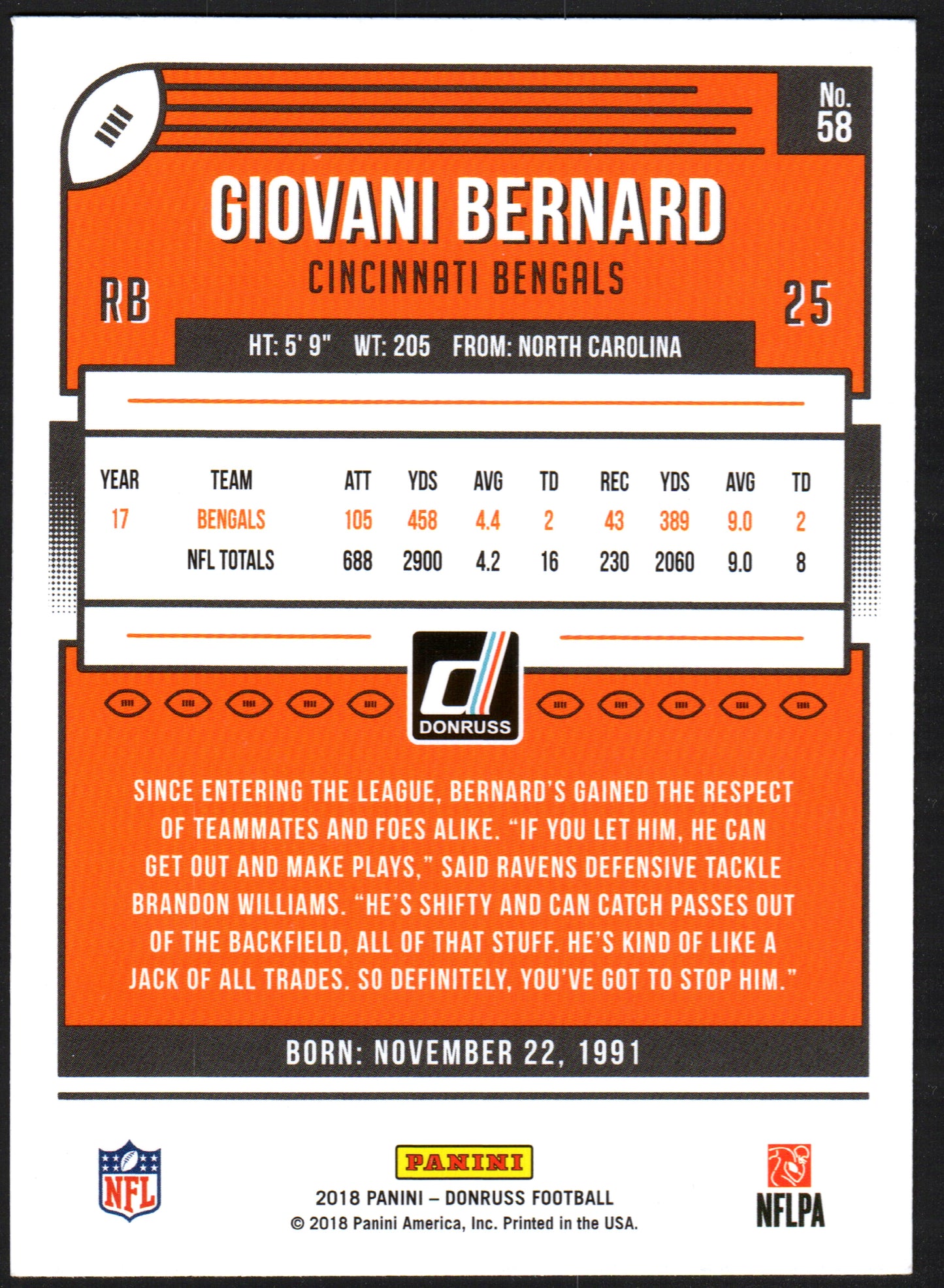 Giovani Bernard Cincinnati Bengals #58 - 2018 Donruss