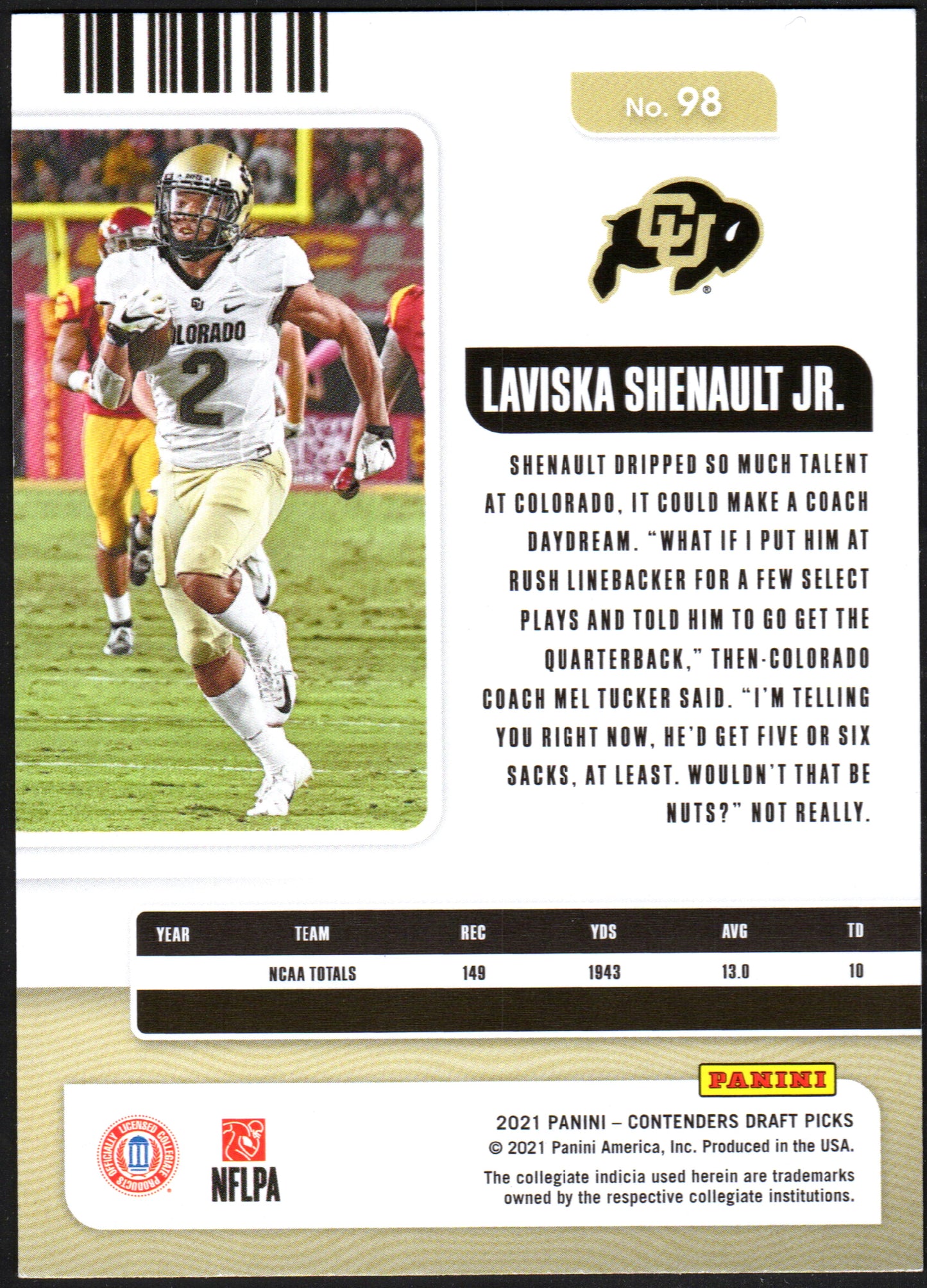 Laviska Shenault Jr. Colorado Buffaloes  #98 Season Ticket - 2021 Panini