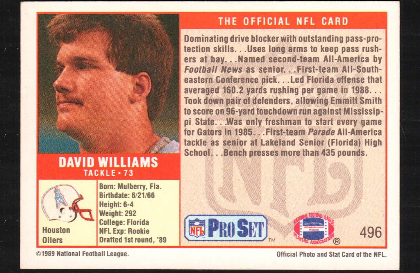 David Williams Houston Oilers #496 - 1989 Pro Set