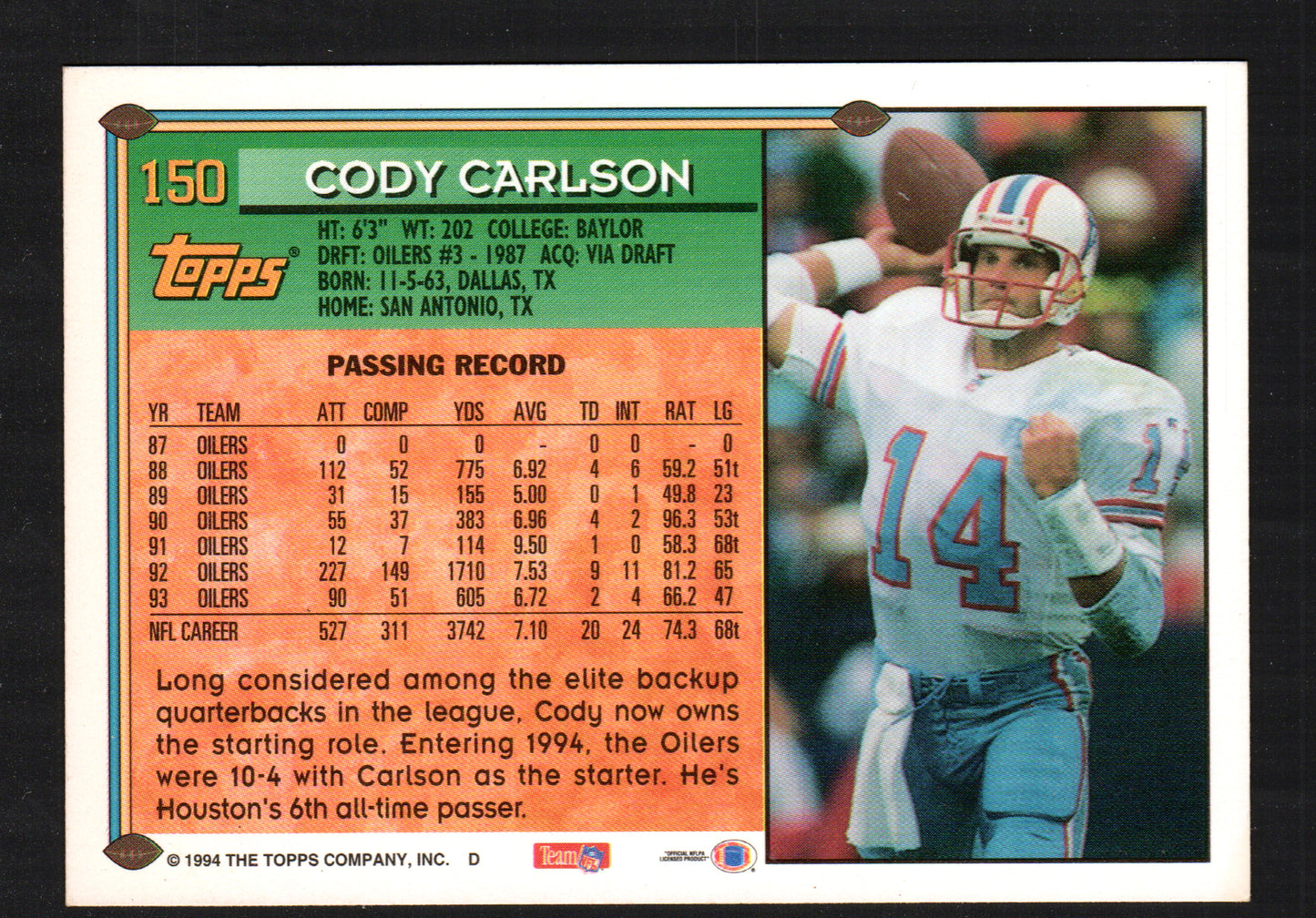 Cody Carlson Houston Oilers #150 - 1994 Topps