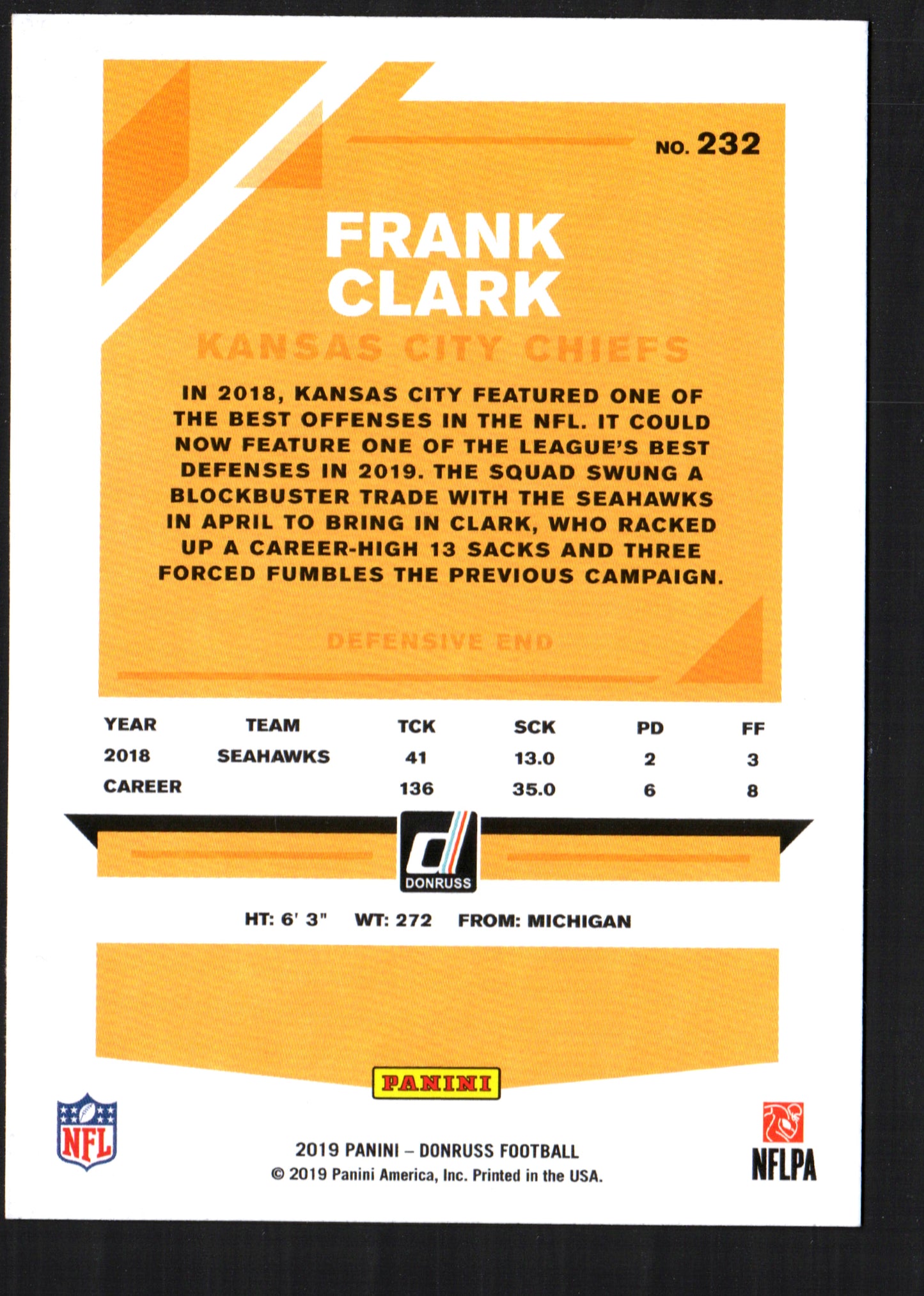 Frank Clark Kansas City Chiefs #232 - 2019 Donruss