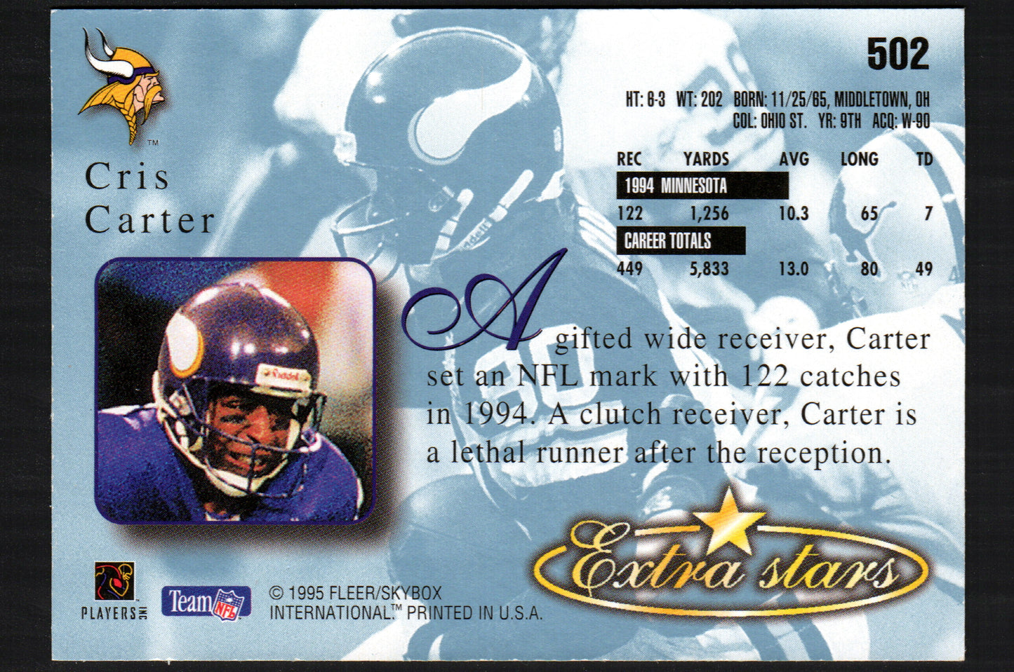 Cris Carter Minnesota Vikings #502 - 1995 Fleer Ultra Extra