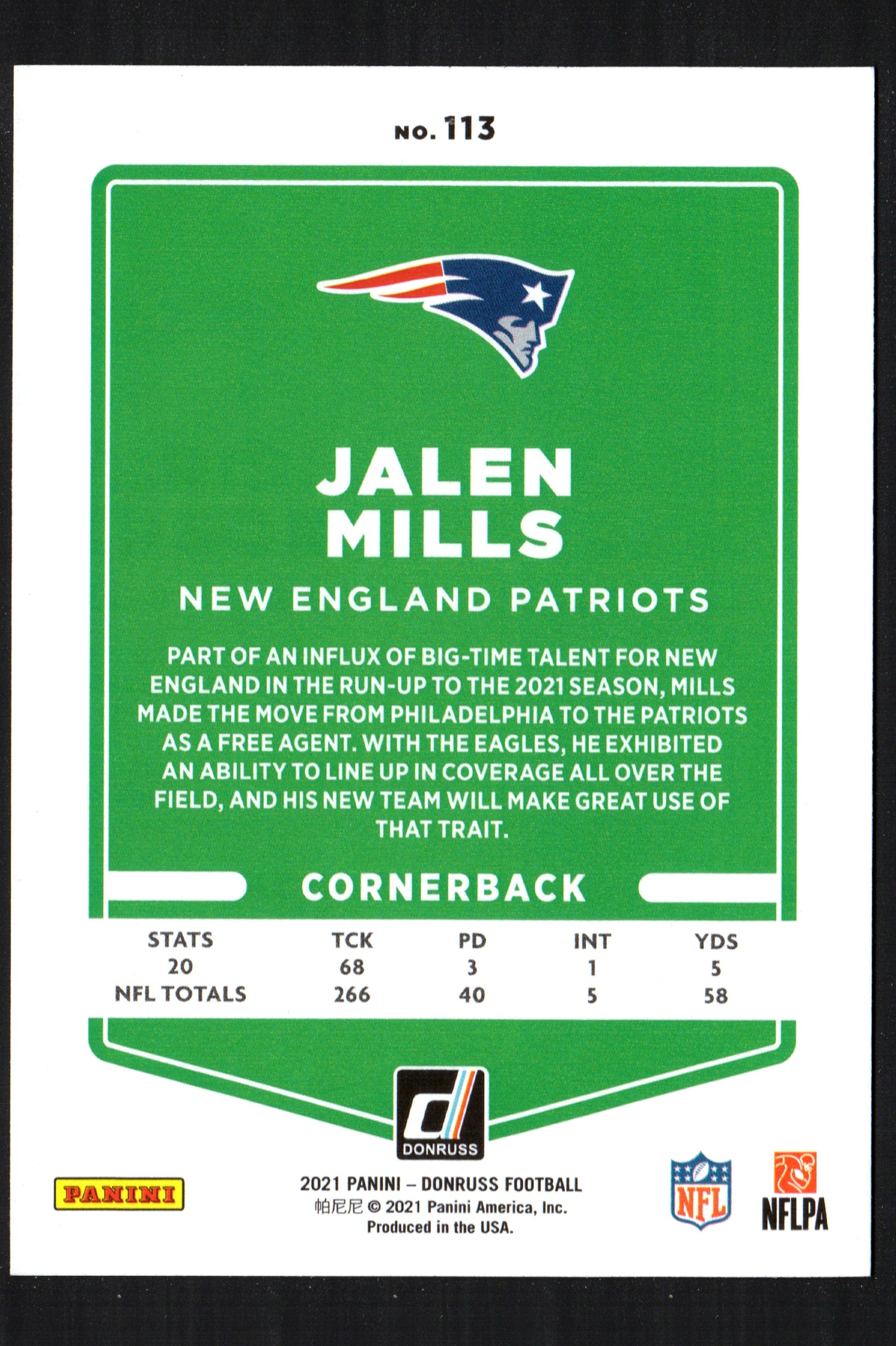 Jalen Mills New England Patriots #113 - 2021 Donruss