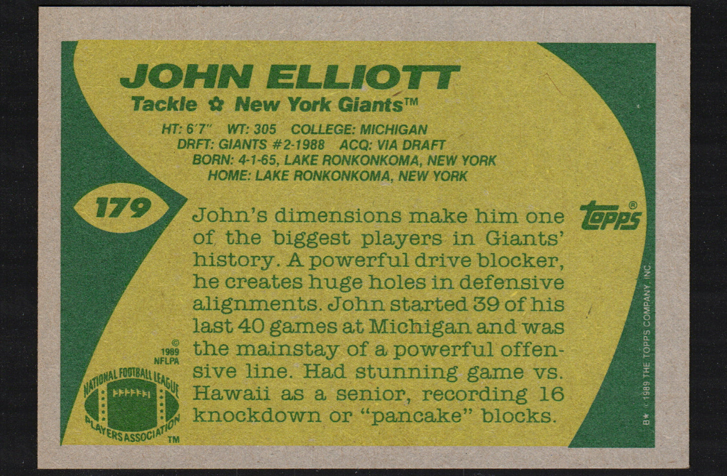 John Elliott New York Giants #179 - 1989 Topps