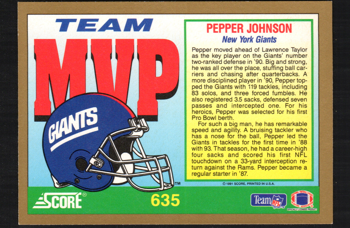 Pepper Johnson New York Giants #635 - 1991 Score Football