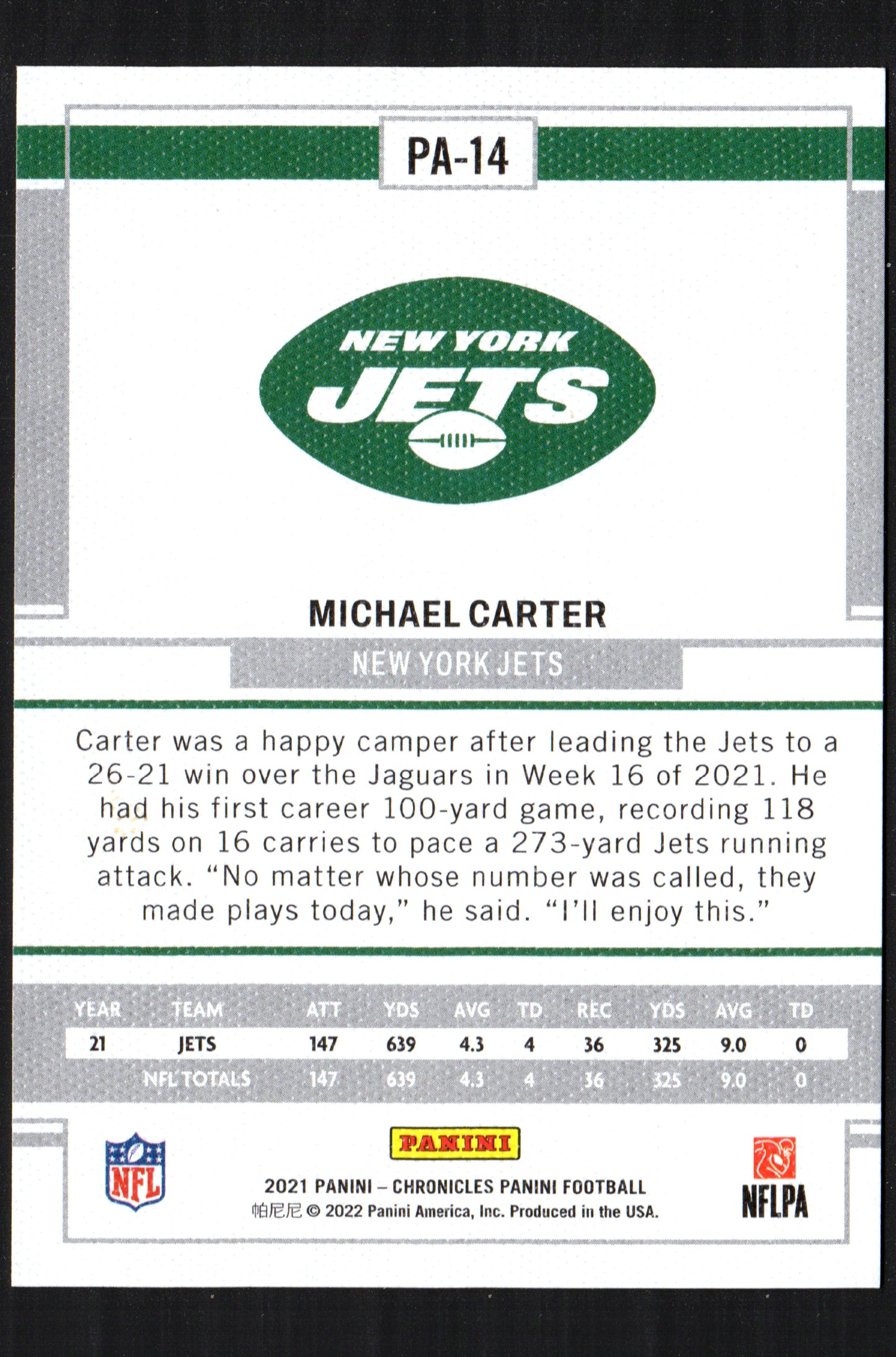 Michael Carter New York Jets #PA-14 - 2021 Panini Pink