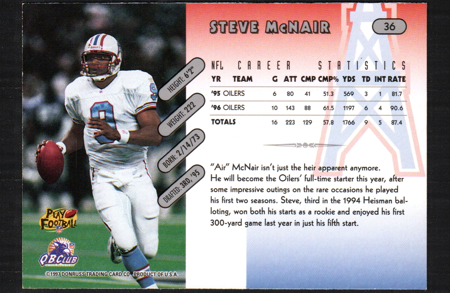 Steve McNair Tennessee Oilers #36 - 1997 Donruss