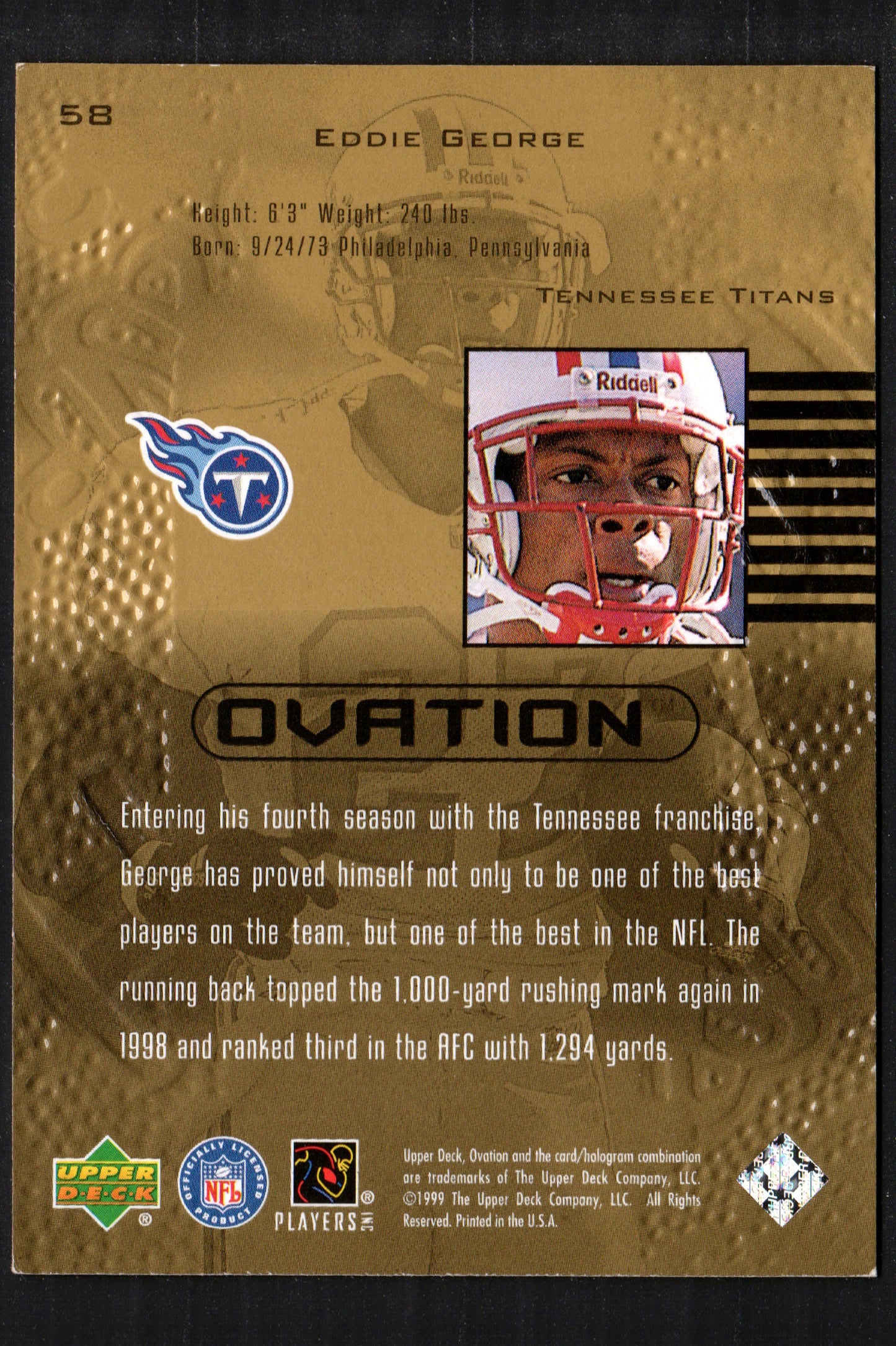 Eddie George Tennessee Titans #58 - 1999 Upper Deck Ovation