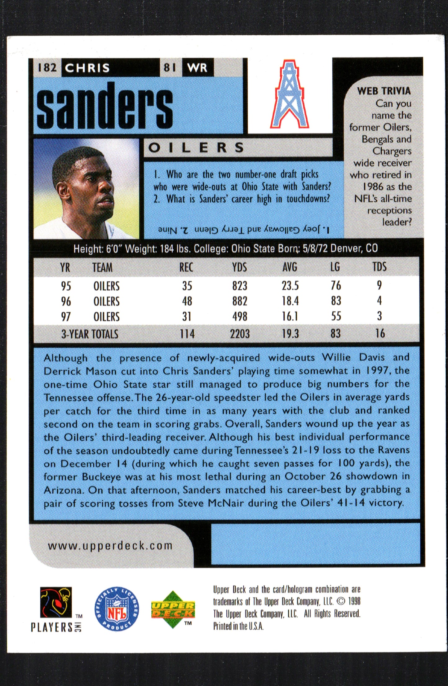 Chris Sanders Tennessee Oilers #182 - 1998 Upper Deck UD Choice