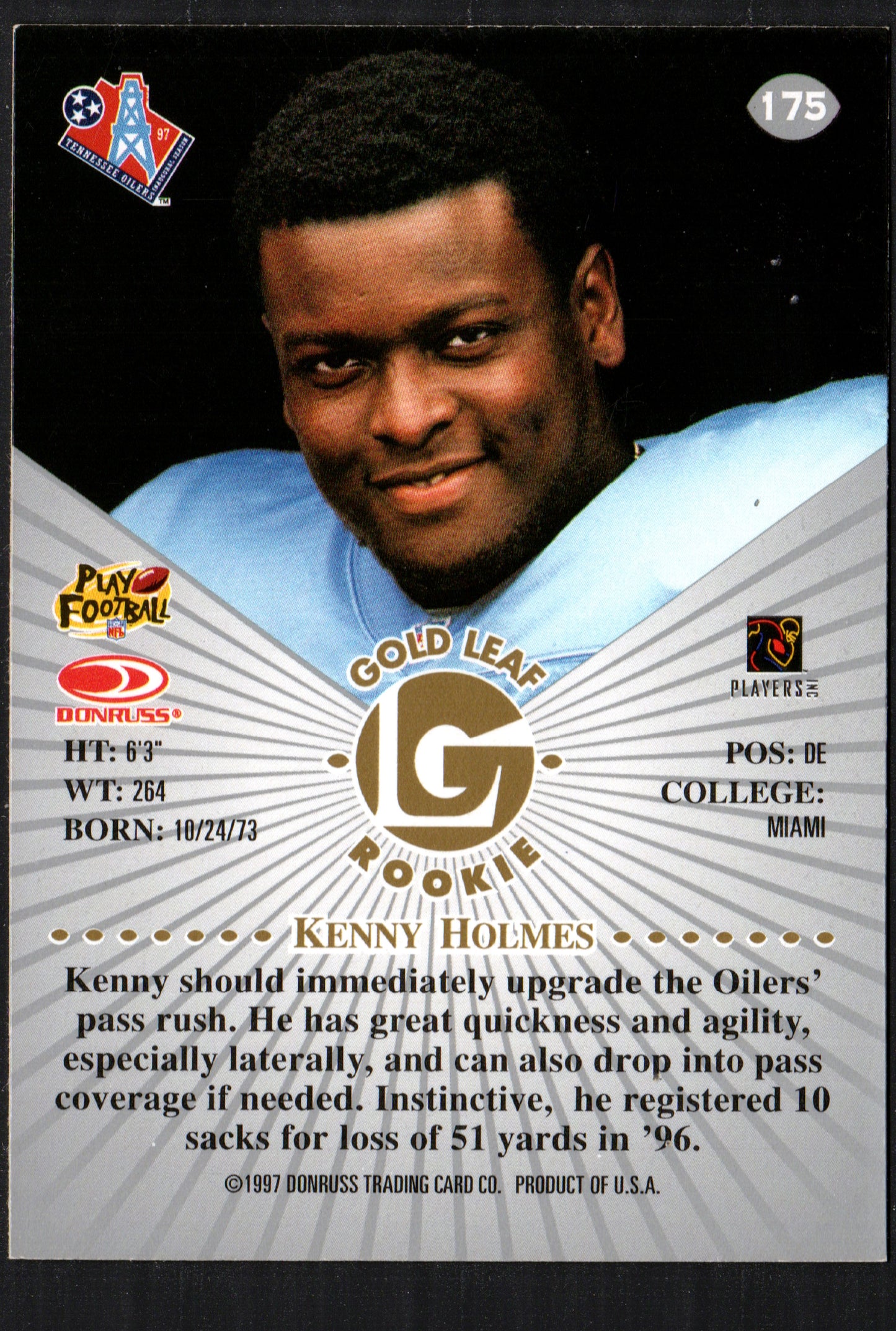 Kenny Holmes Tennessee Oilers #175 - 1997 Leaf