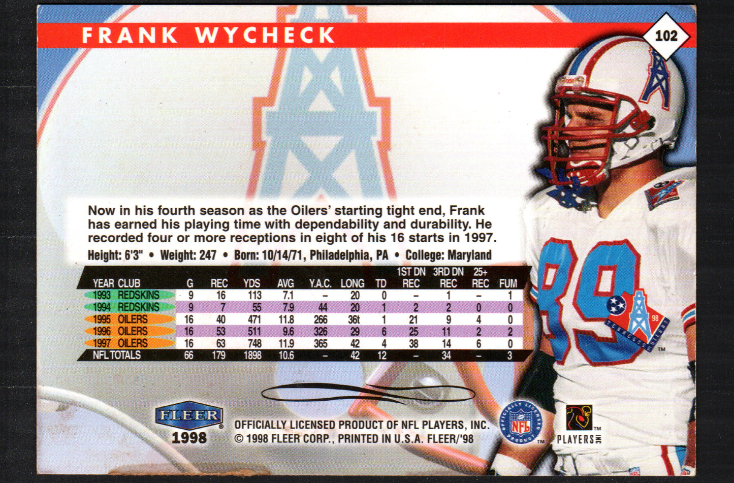 Frank Wycheck Tennesse Oilers #102 - 1998 Fleer