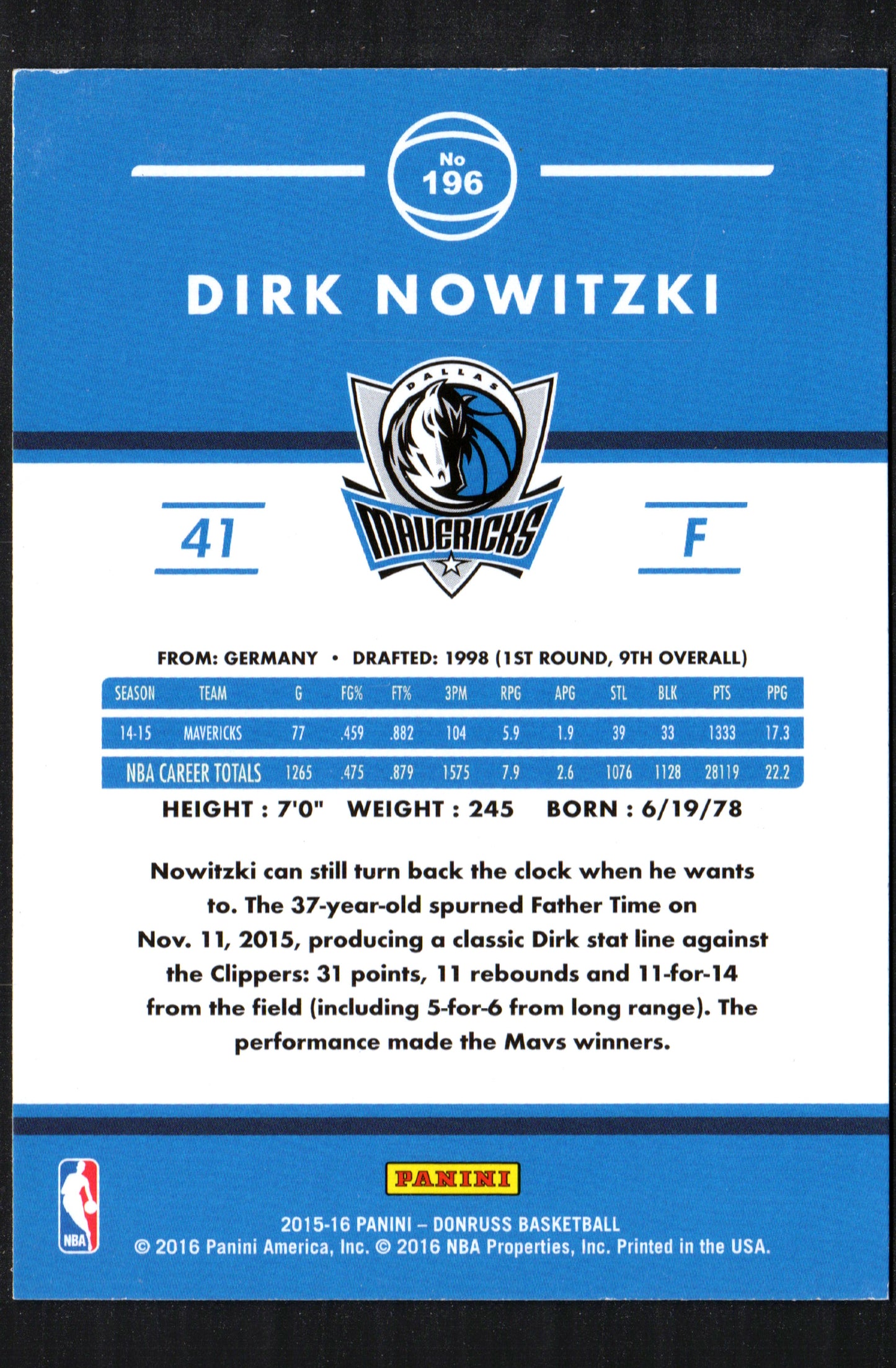 Dirk Nowitzki Dallas Mavericks #196 - 2015-16 Donruss