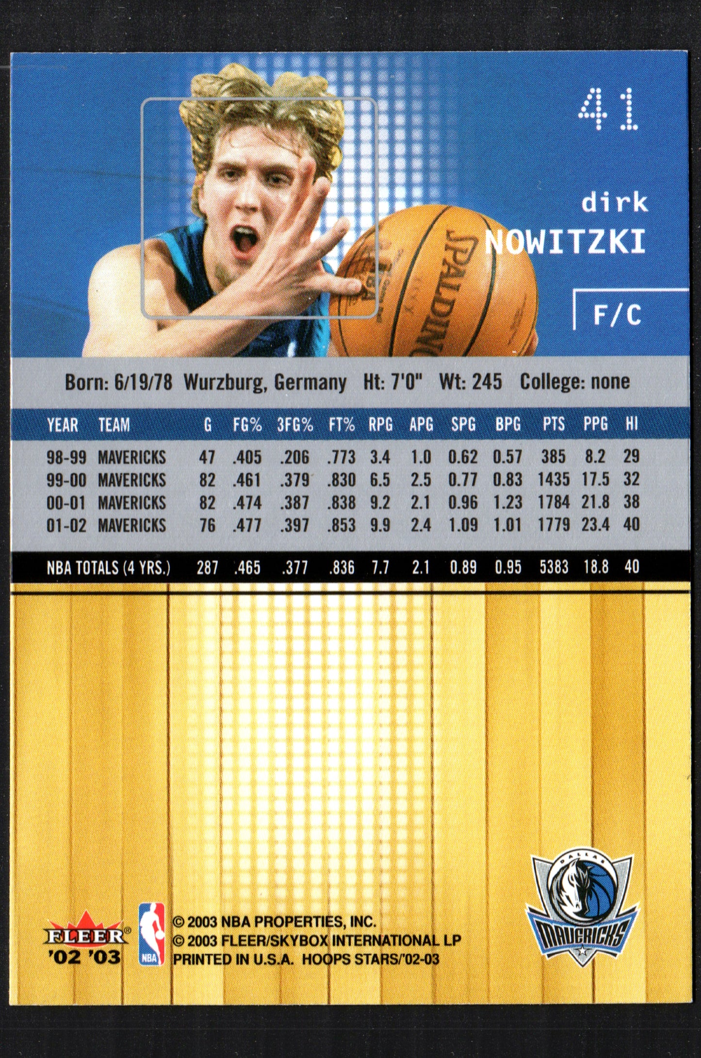 Dirk Nowitzki Dallas Mavericks #41 - 2002-03 Hoops