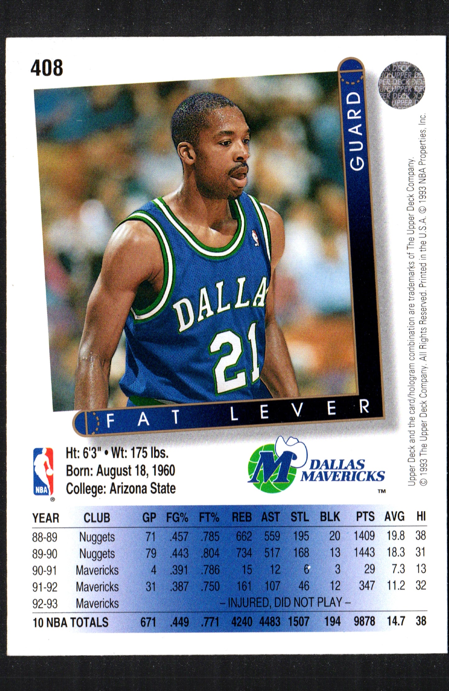 Fat Lever Dallas Mavericks #408 - 1993 Upper Deck