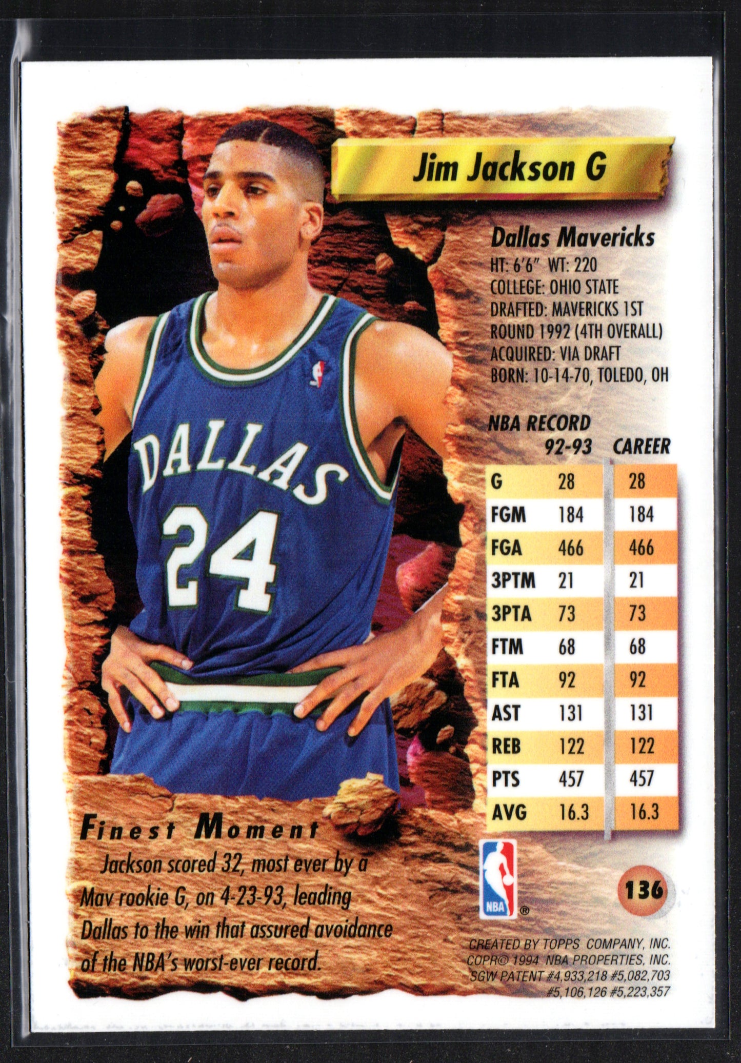 Jim Jackson Dallas Mavericks #136 - 1994 Topps