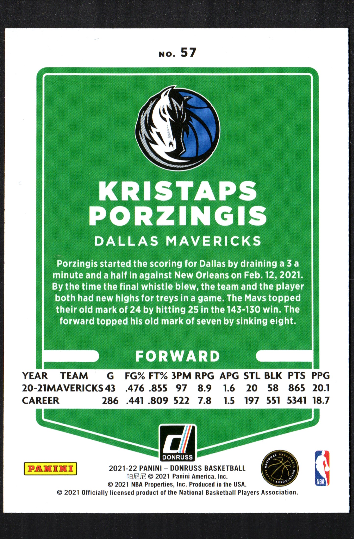 Kristaps Porzingis Dallas Mavericks #57 - 2021-22 Donruss