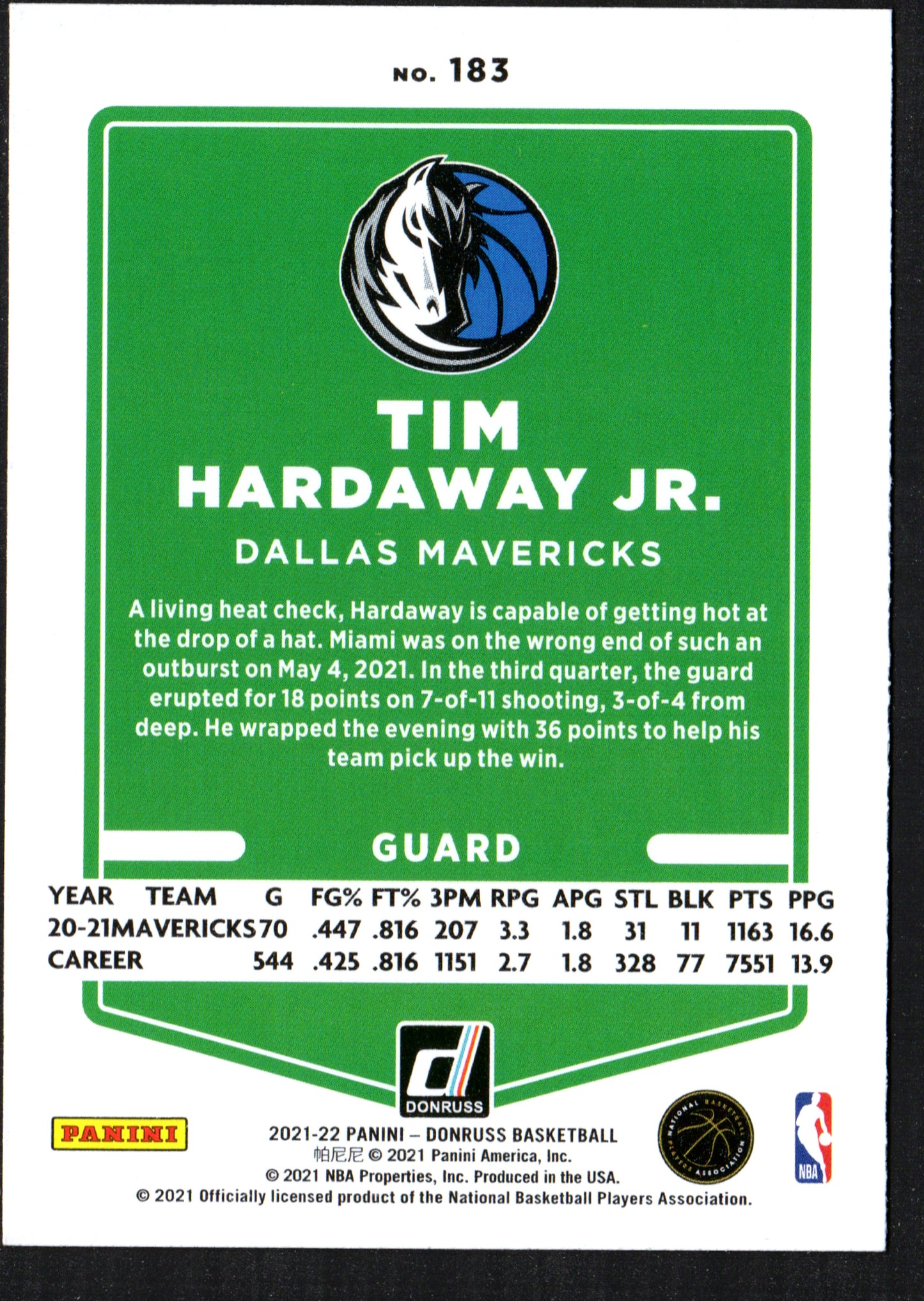 Tim Hardaway Jr. Dallas Mavericks #183 - 2021-22 Donruss