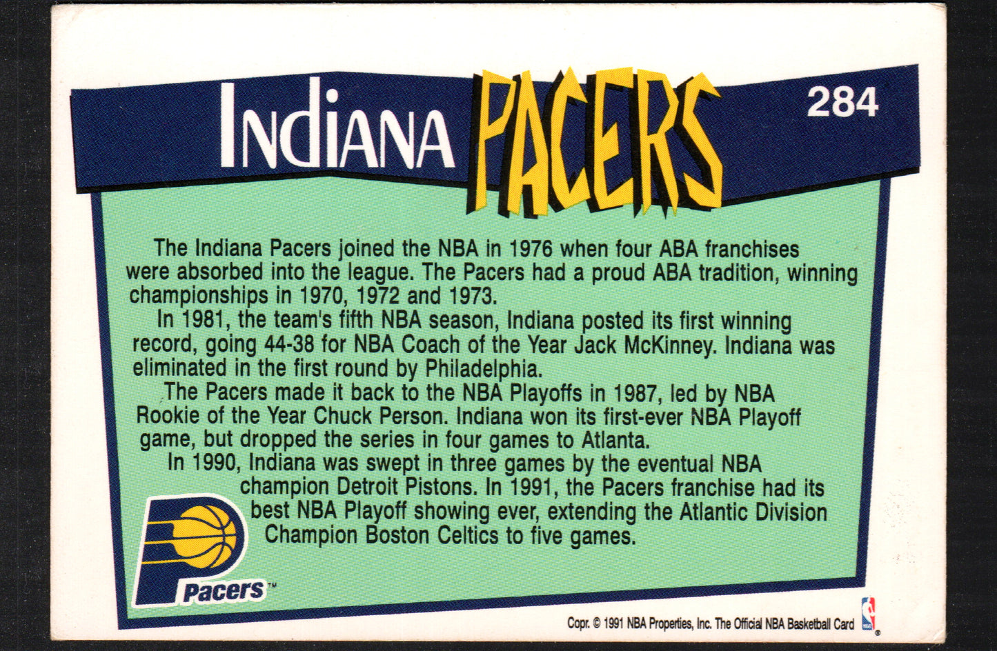 Indiana Pacers Basketball Card #284 - 1991-92 Hoops