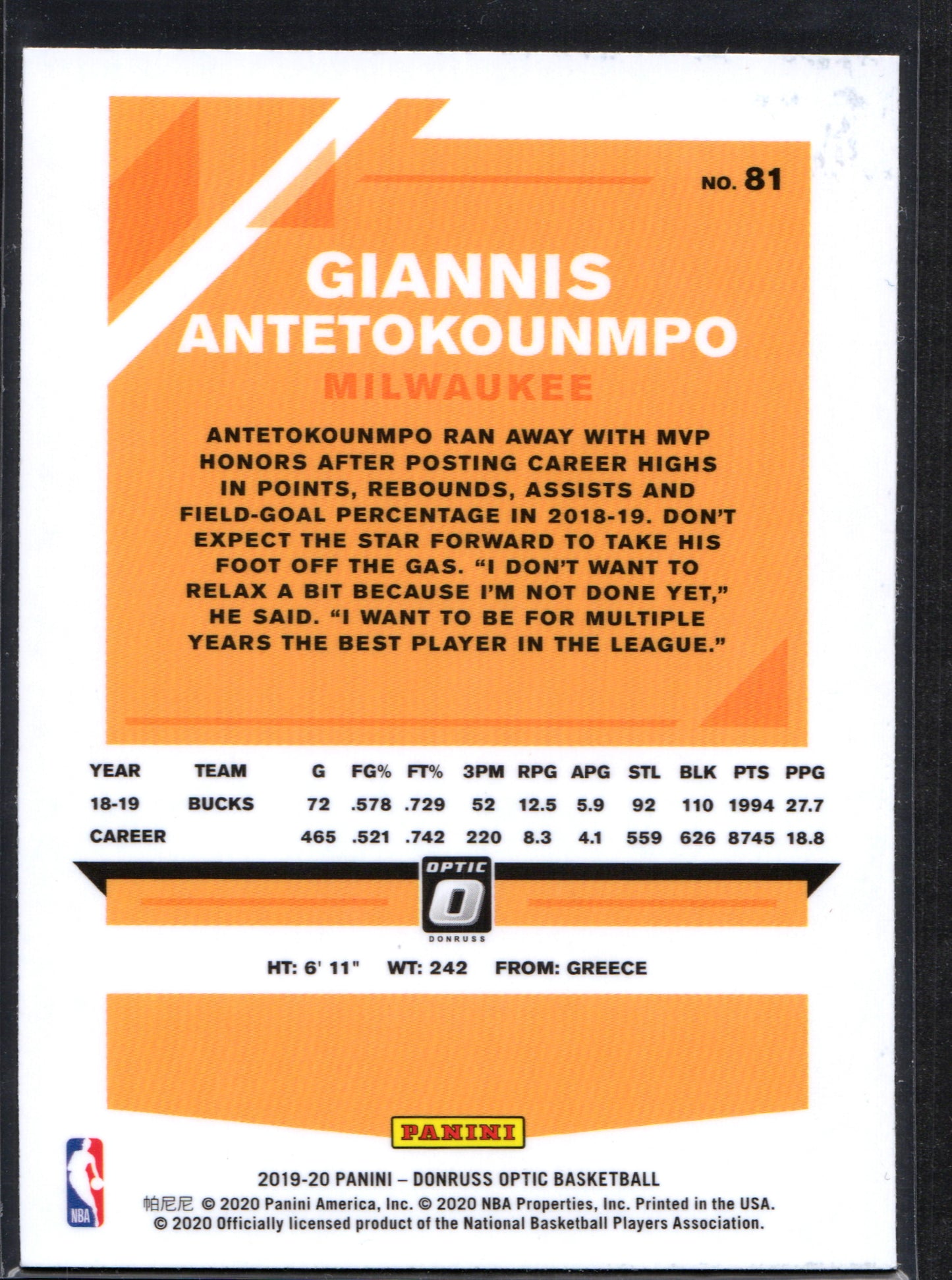 Giannis Antetokounmpo Milwaukee Bucks #81 - 2019-20 Donruss