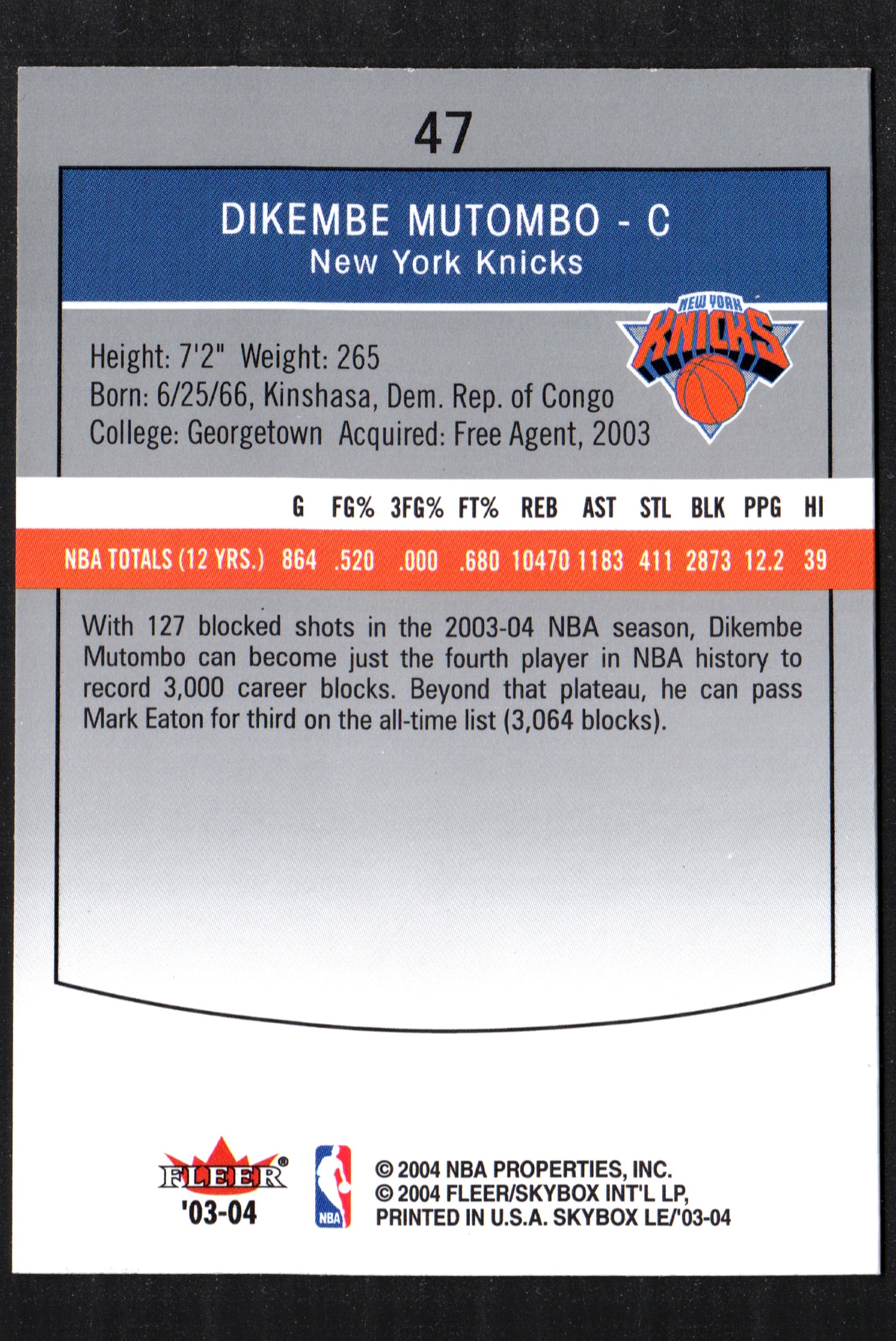 Dikembe Mutombo New York Knicks #47 - 2003-04 SkyBox Limited Edition