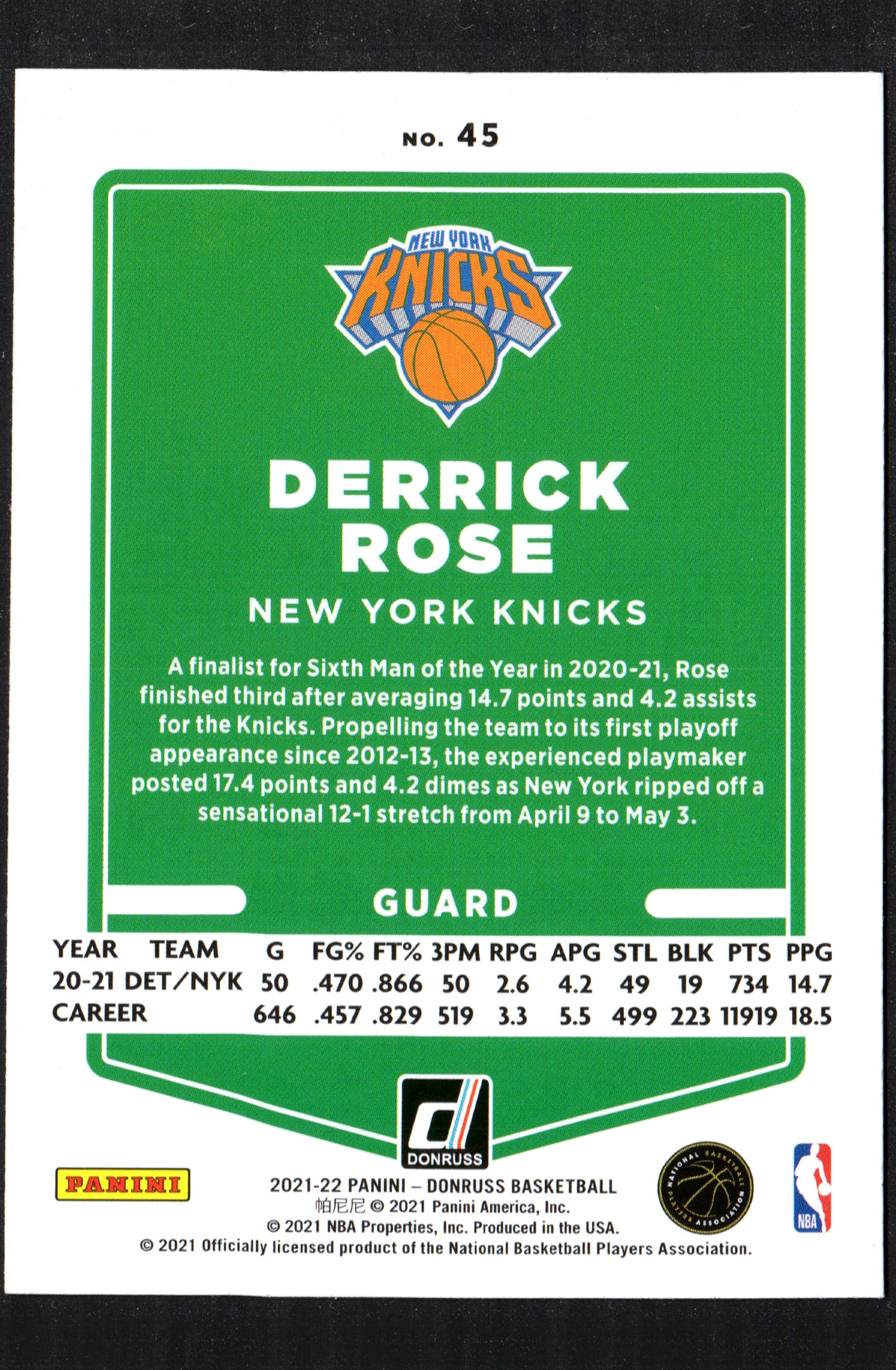 Derrick Rose New York Knicks #45 - 2021-22 Donruss