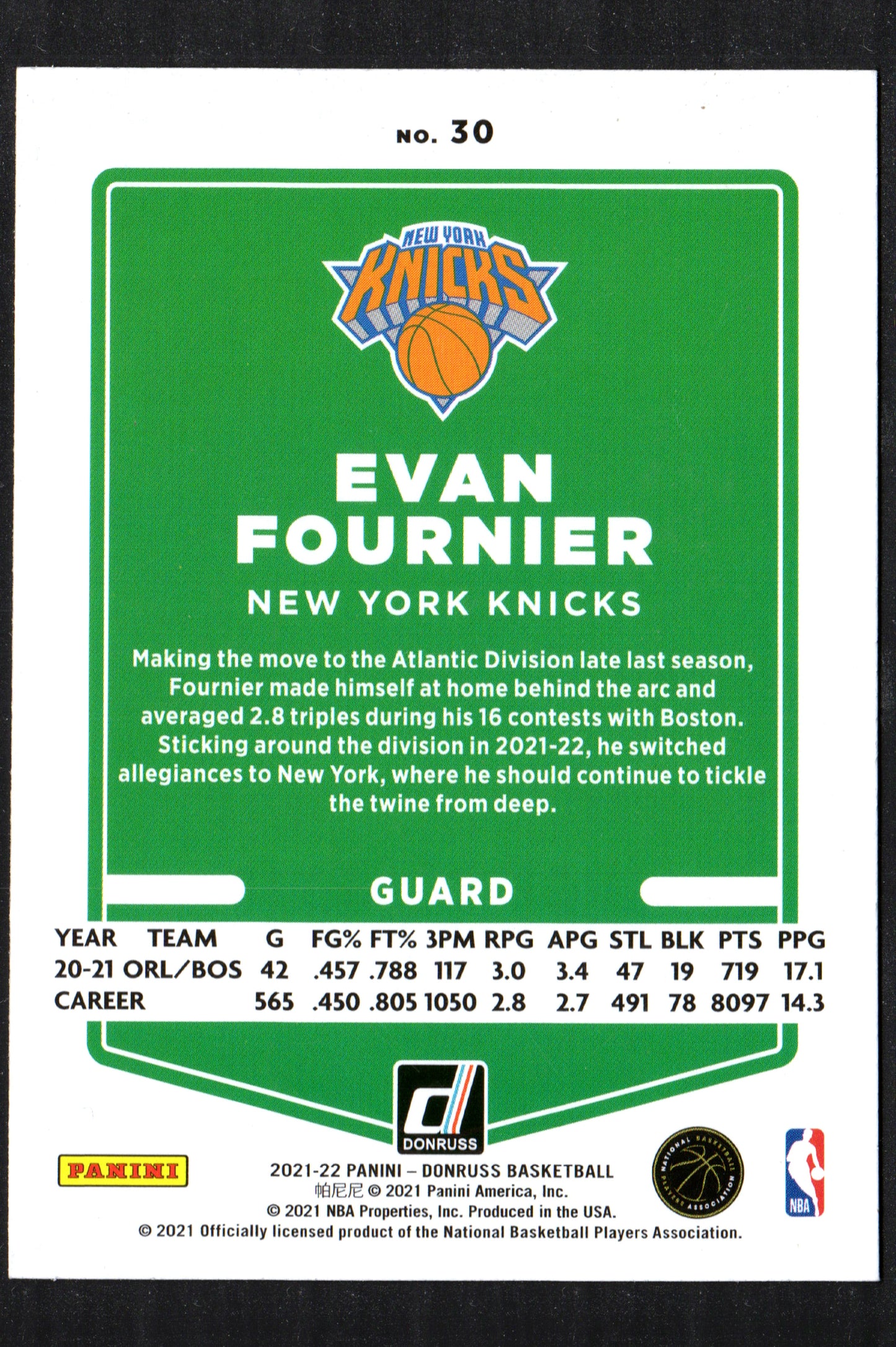 Evan Fournier New York Knicks #30 - 2021-22 Donruss