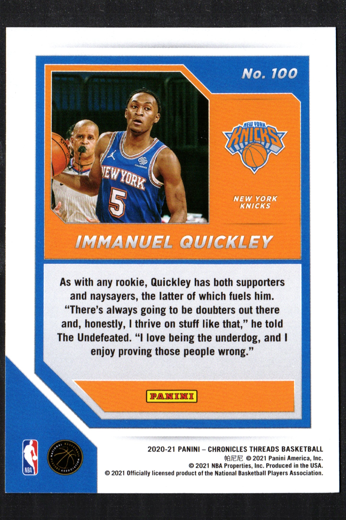 Immanuel Quickley New York Knicks #100 - 2020-21 Panini Threads