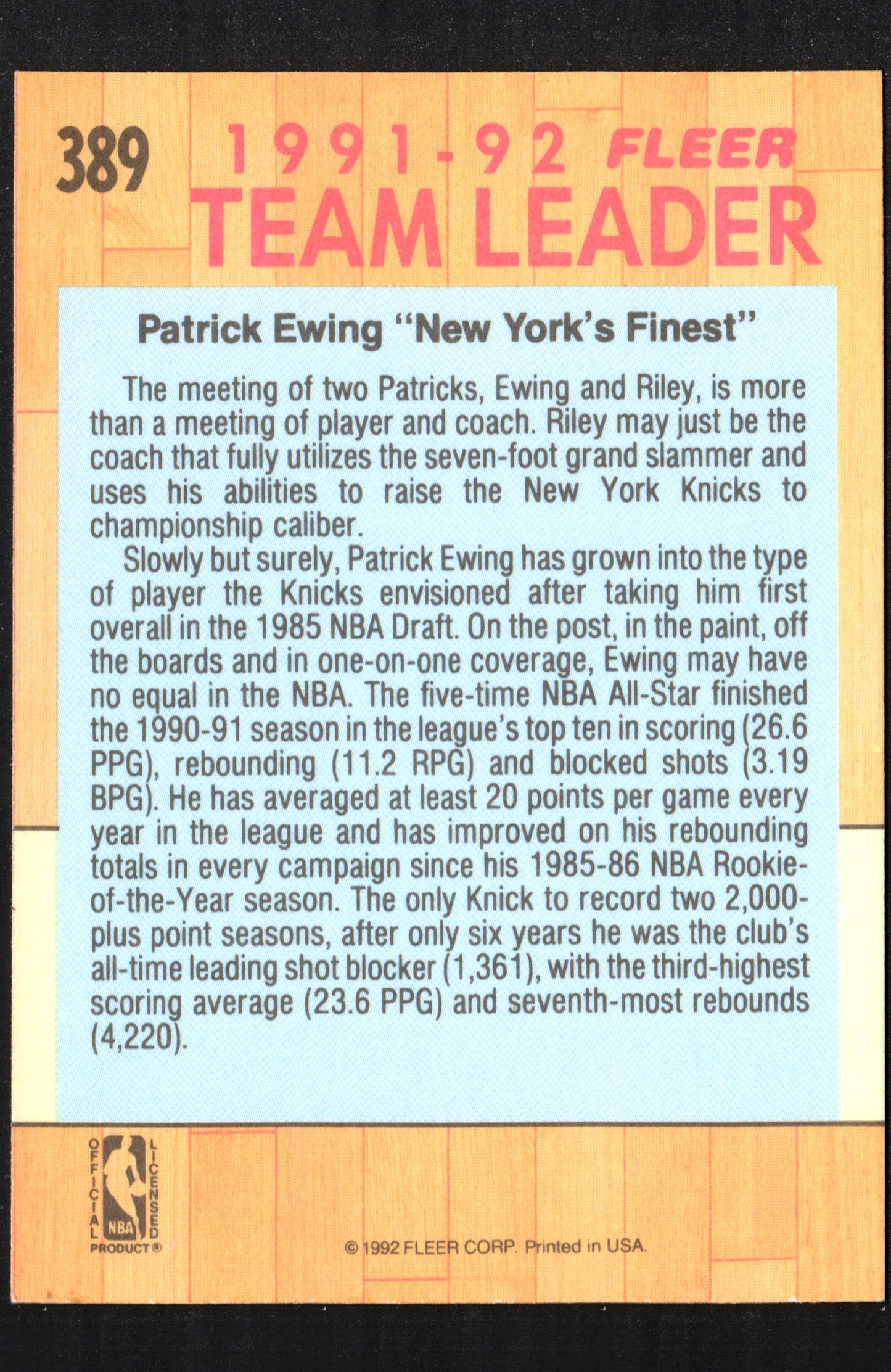 Patrick Ewing New York Knicks #389 - 1991-92 Fleer