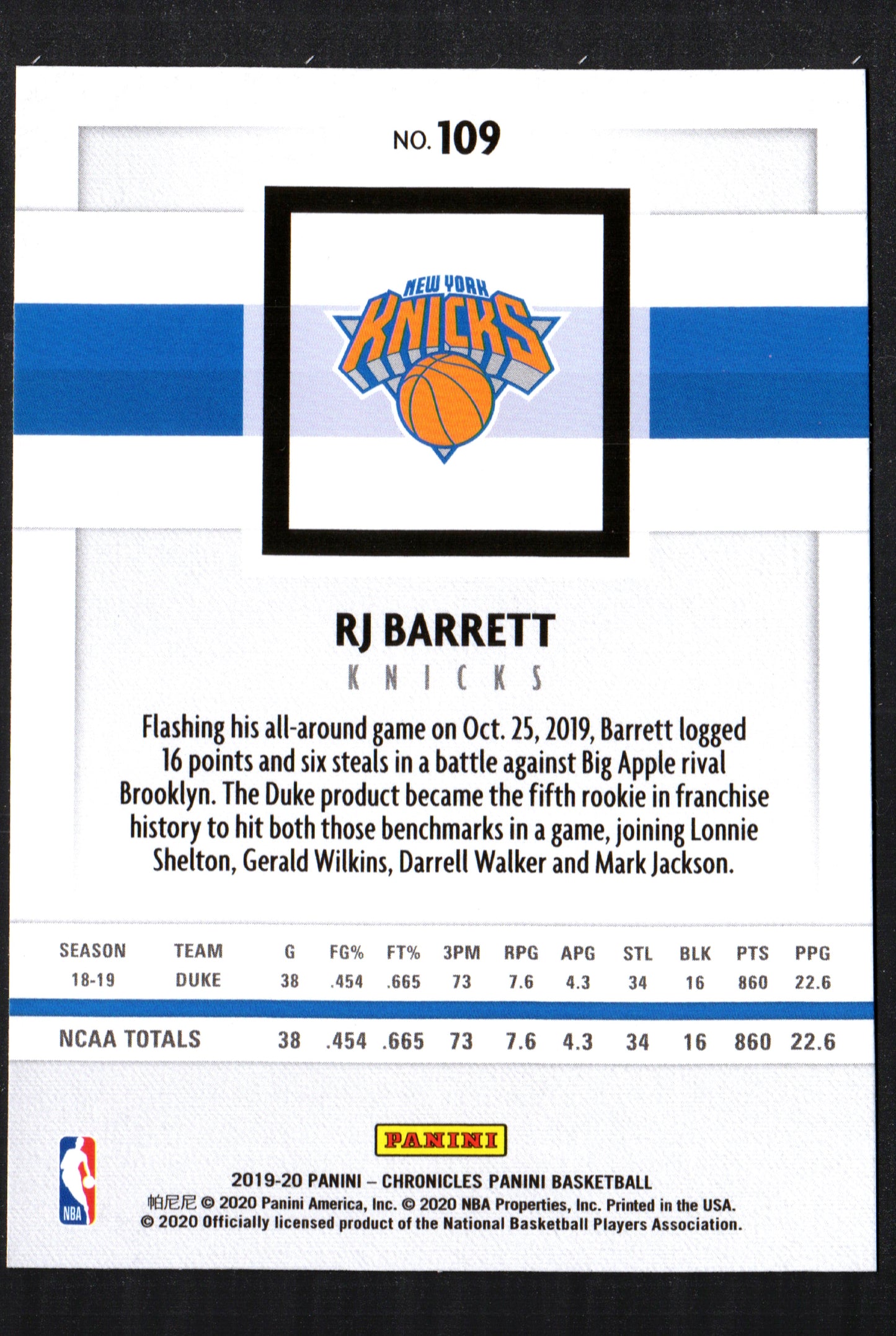 Rj Barrett New York Knicks #109 - 2019-20 Panini