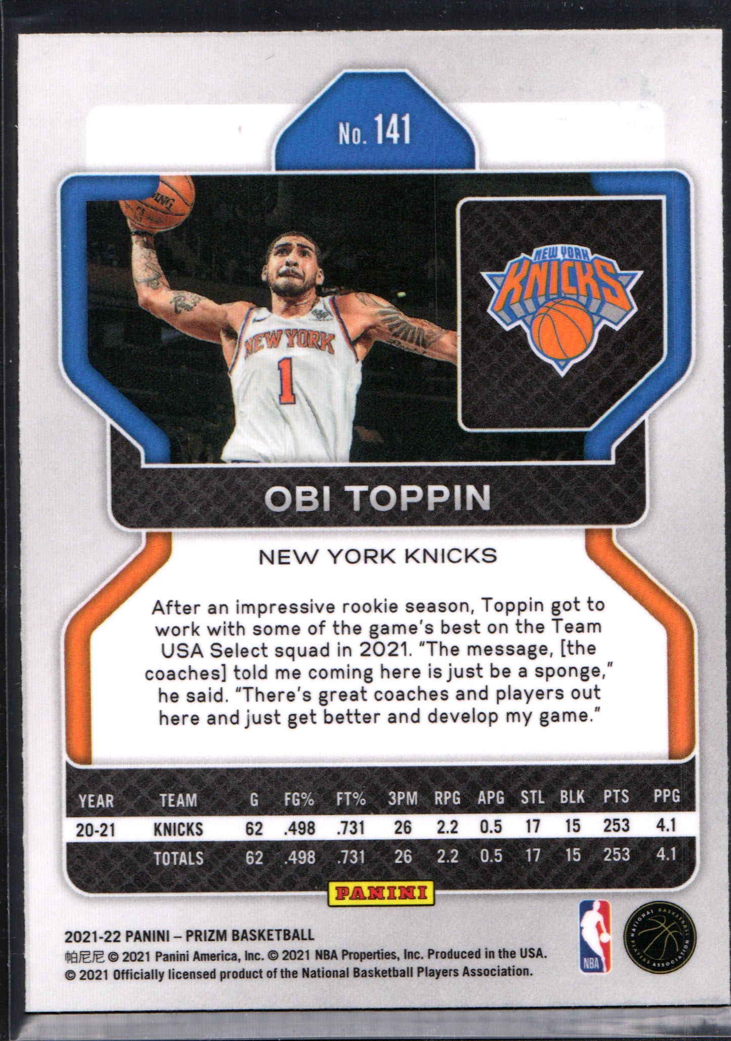 Obi Toppin New York Knicks #141 - 2021-22 Panini Prizm