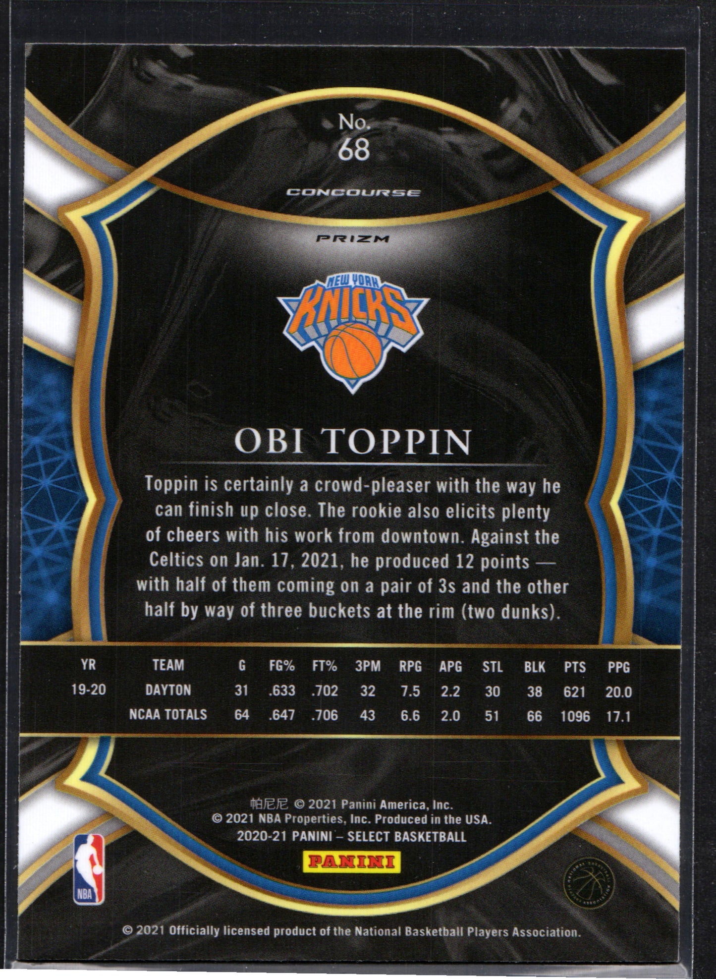 Obi Toppin New York Knicks #68 - 2020-21 Panini Select Red White Green Cracked Ice