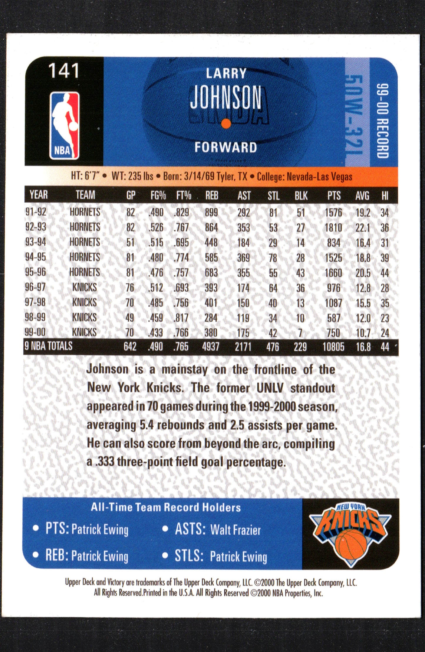 Larry Johnson New York Knicks #141 - 2000-01 Upper Deck Victory