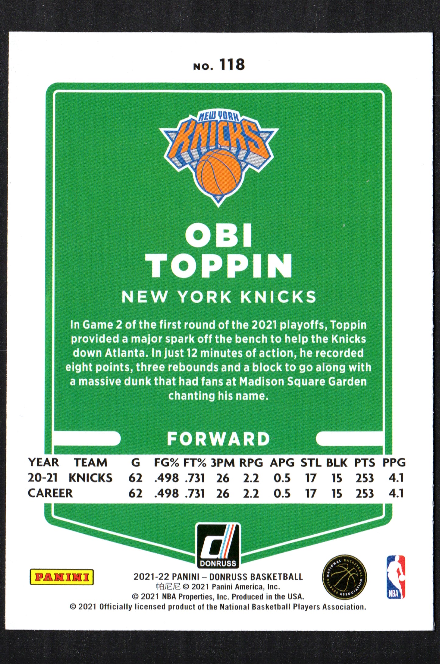 Obi Toppin New York Knicks #118 - 2021-22 Donruss