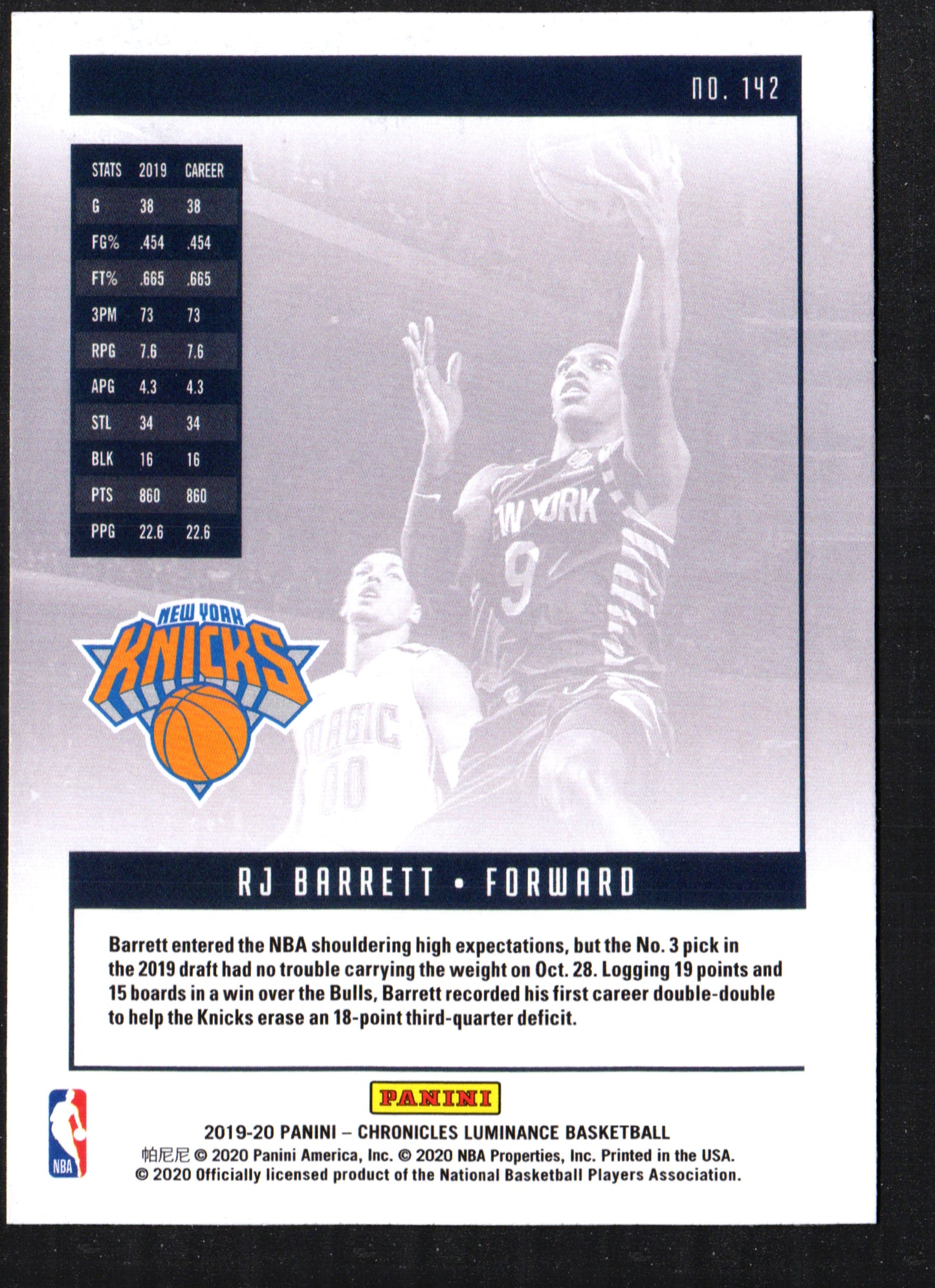 Rj Barrett New York Knicks #142 - 2019-20 Panini Luminance