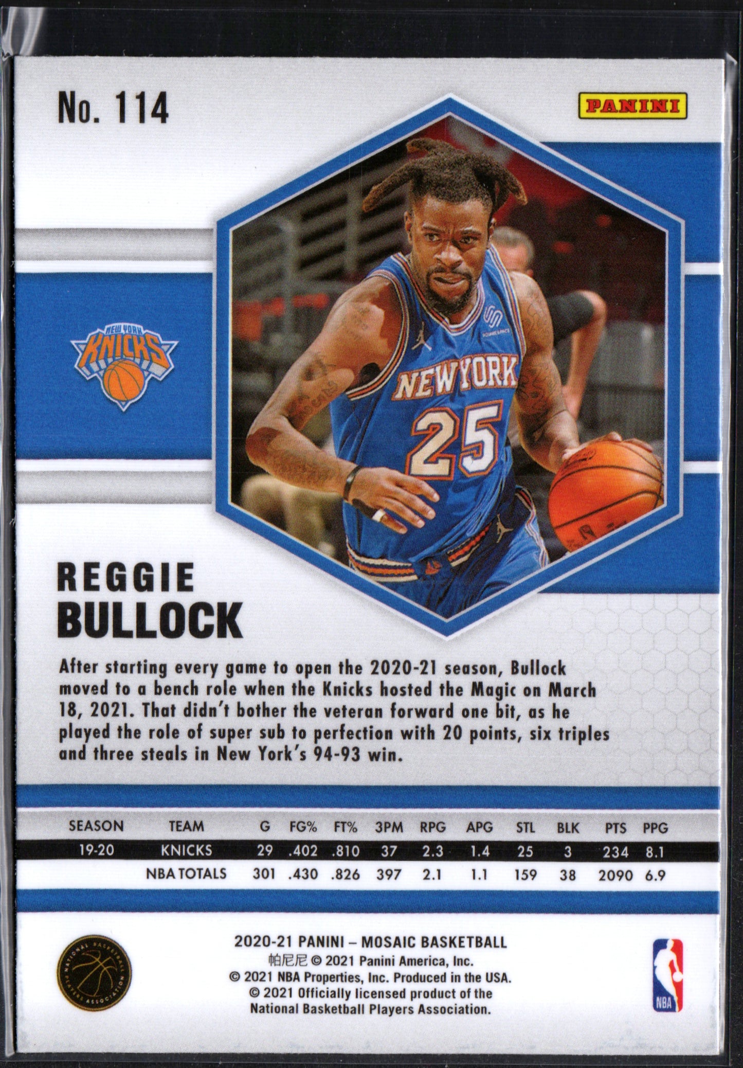 Reggie Bullock New York Knicks #114 - 2020-21 Panini Mosaic