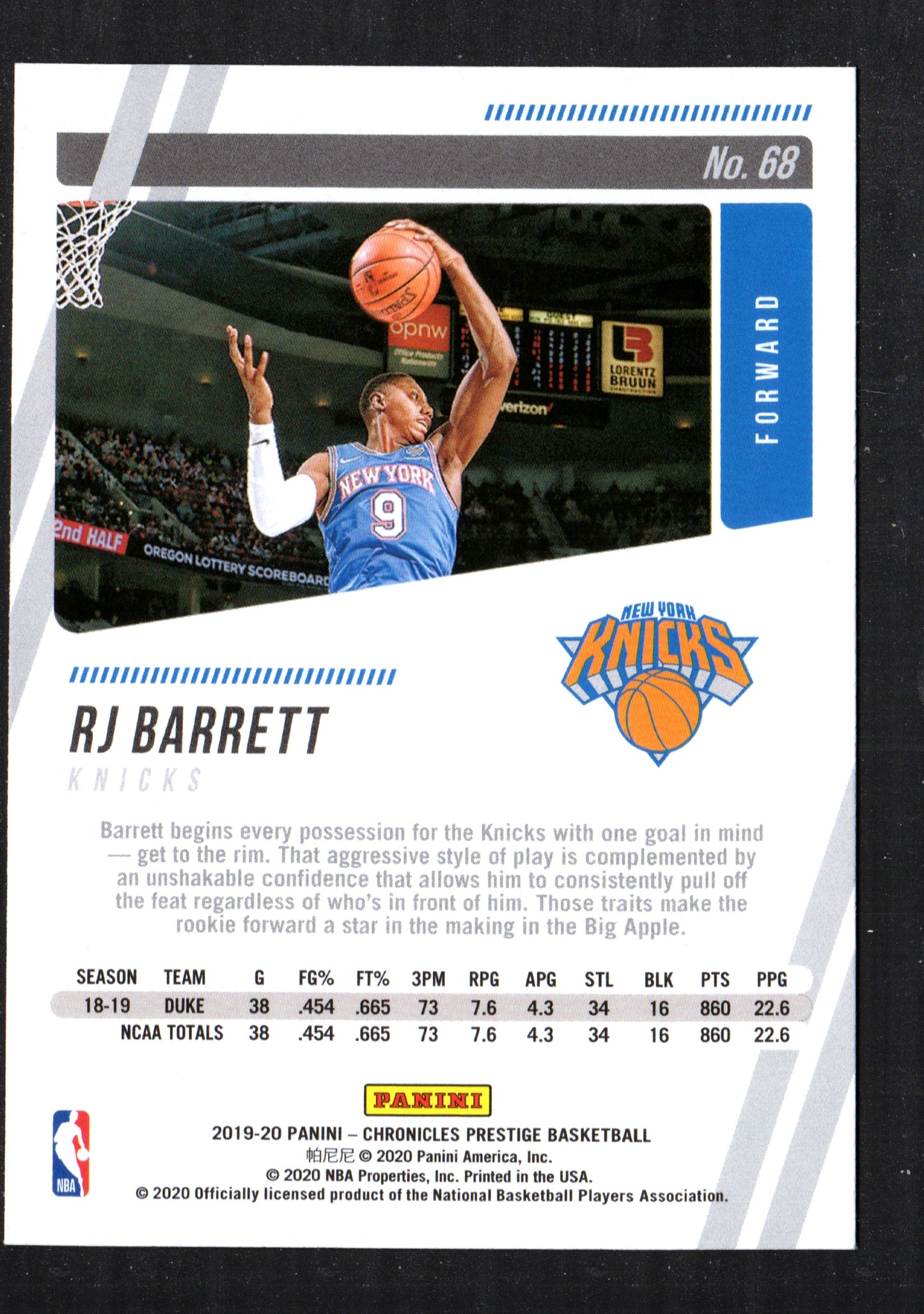 Rj Barrett New York Knicks #68 - 2019-20 Panini Prestige Bronze