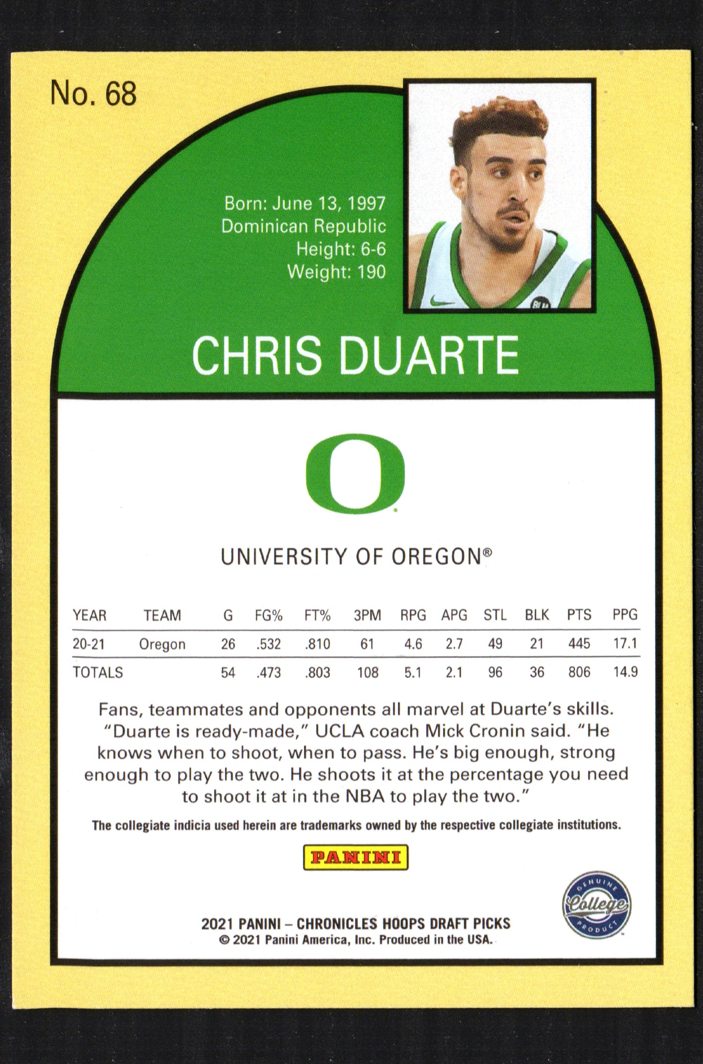 Chris Duarte Oregon Ducks Men's #68 - 2021-22 Panini Chronicles Hoops