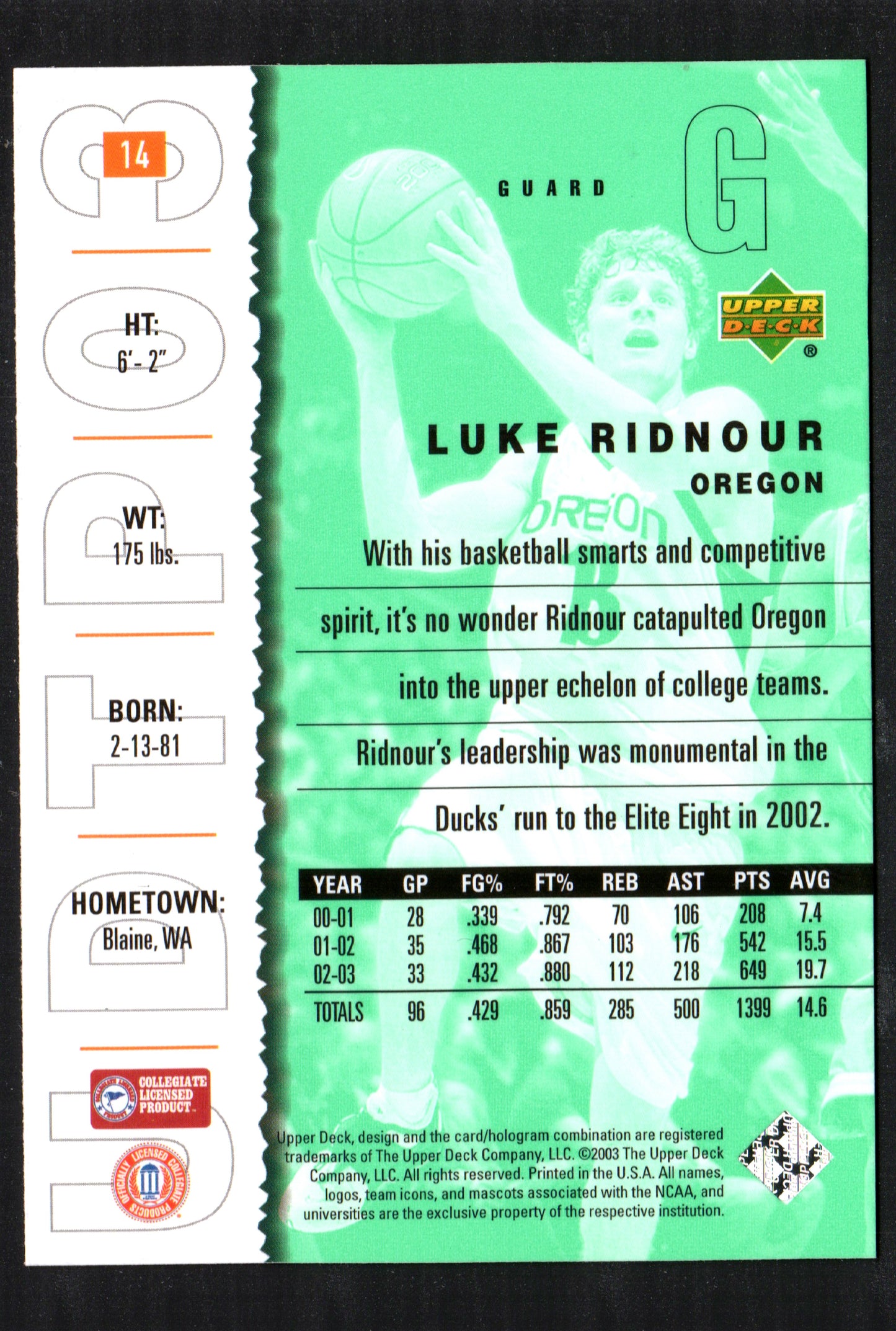 Luke Ridnour Oregon Ducks Men's #14 - 2003-04 Upper Deck