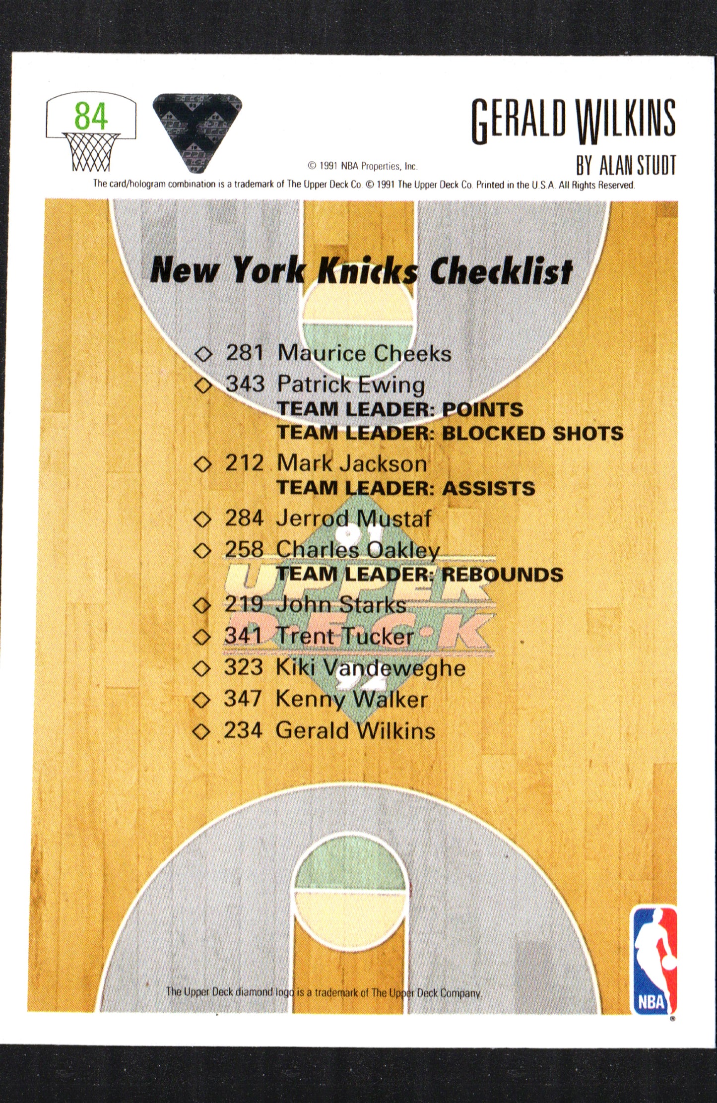 Team Checklist Gerald Wilkins New York Knicks #84 - 1991-92 Upper Deck