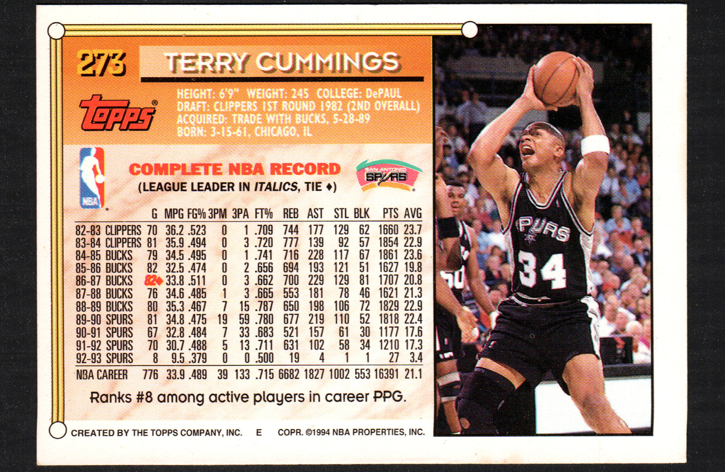 Terry Cummings San Antonio Spurs #273 - 1993-94 Topps