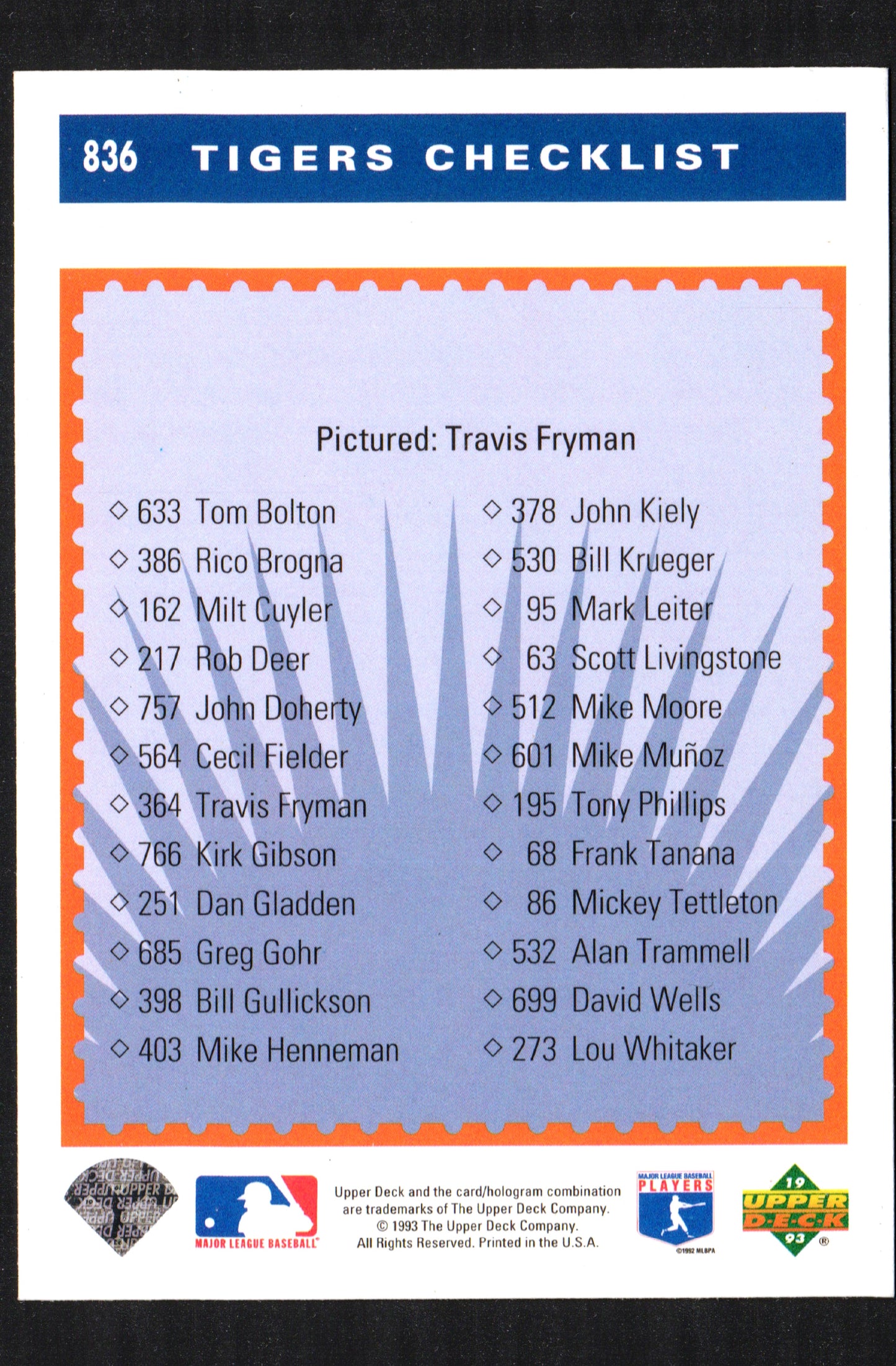 Team Checklist Travis Fryman Detroit Tigers #836 - 1993 Upper Deck