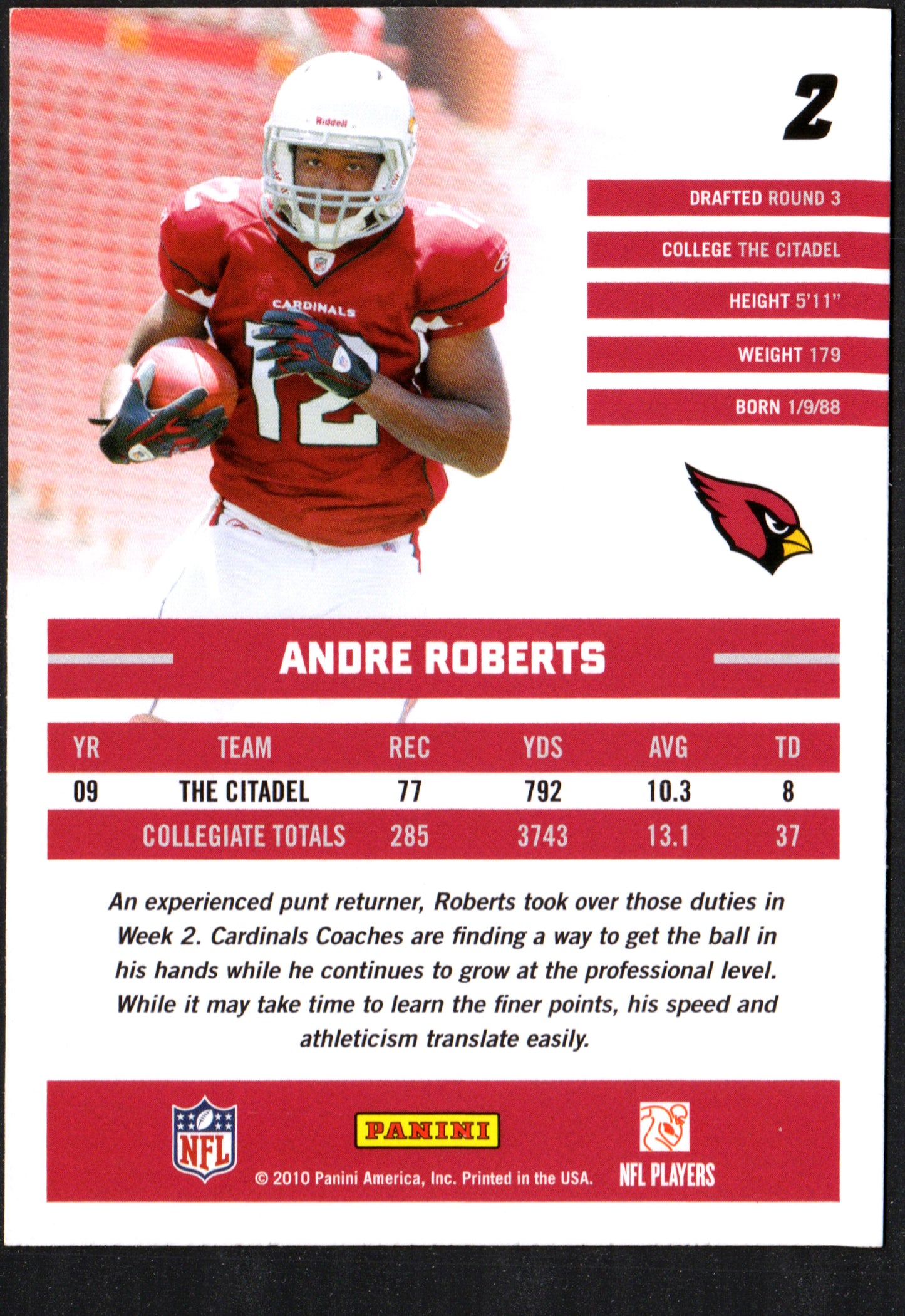 Andre Roberts Arizona Cardinals #2 - 2010 Donruss