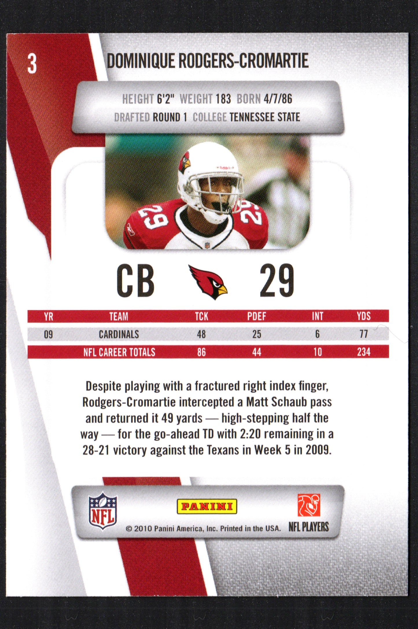 Dominique Rodgers-Cromartie Arizona Cardinals #3 - 2010 Playoff Prestige