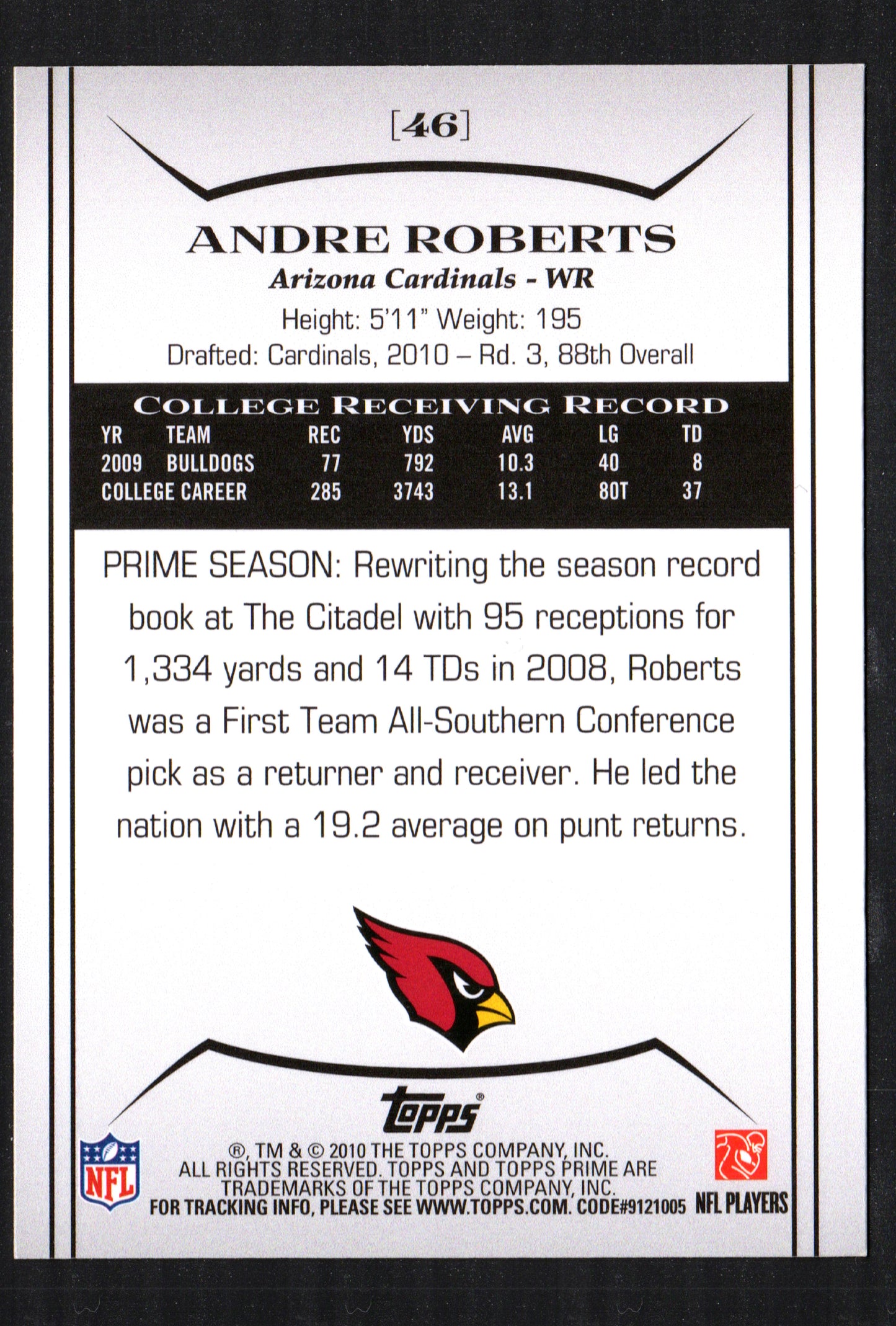 Andre Roberts Arizona Cardinals #46 - 2010 Topps Prime