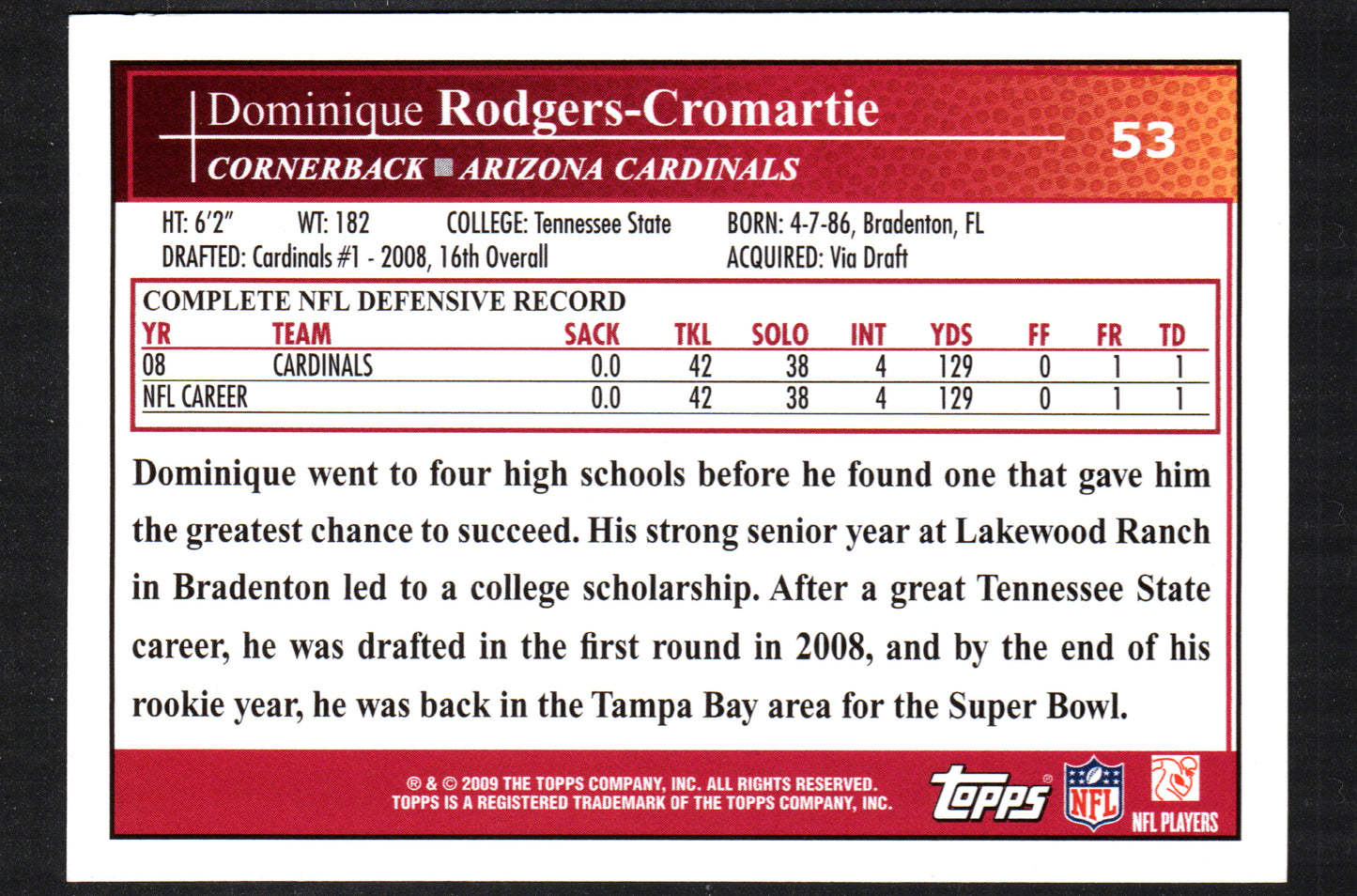 Dominique Rodgers-Cromartie Arizona Cardinals #53 - 2009 Topps