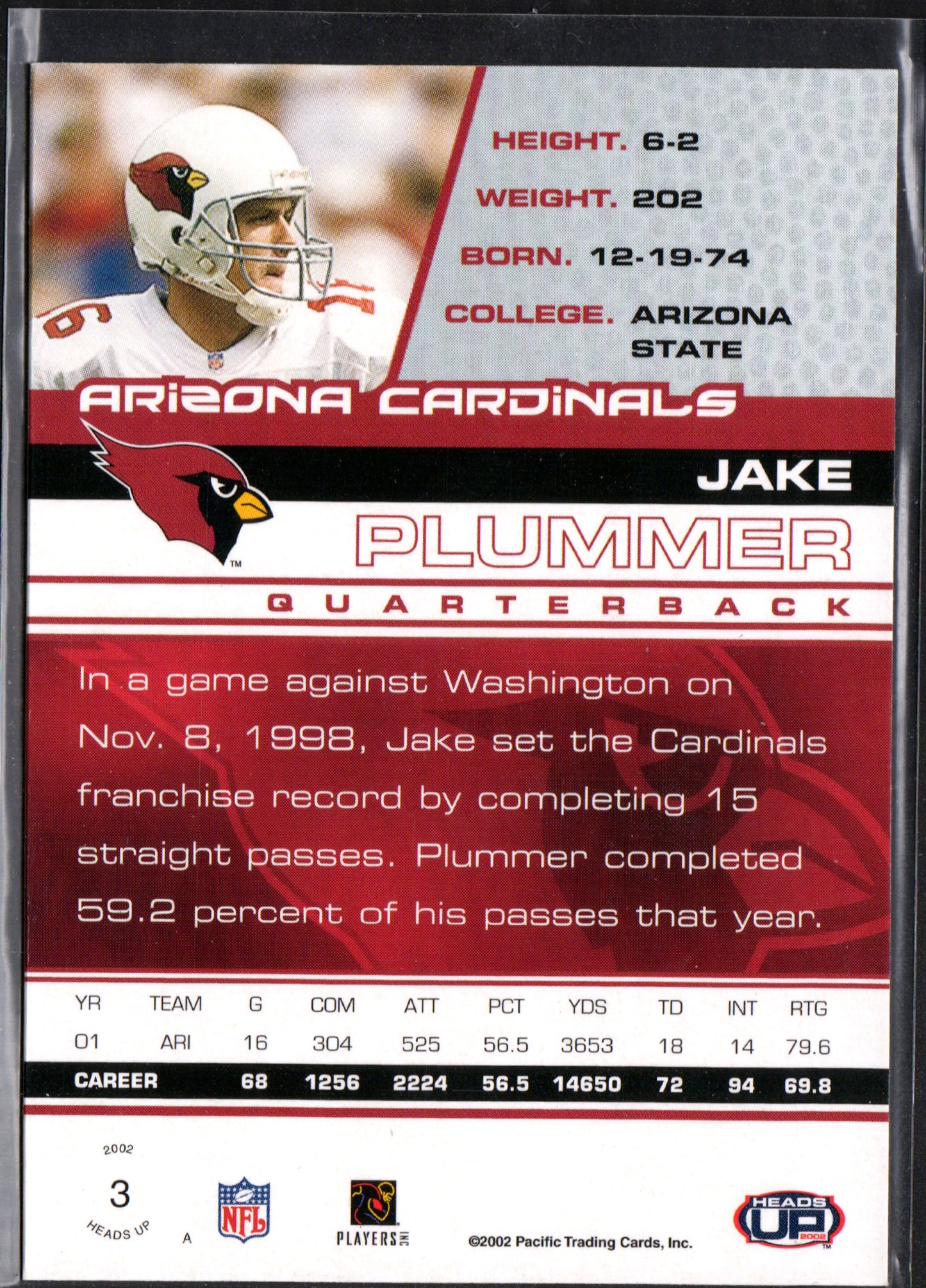 Jake Plummer Arizona Cardinals #3 - 2002 Pacific Heads Up