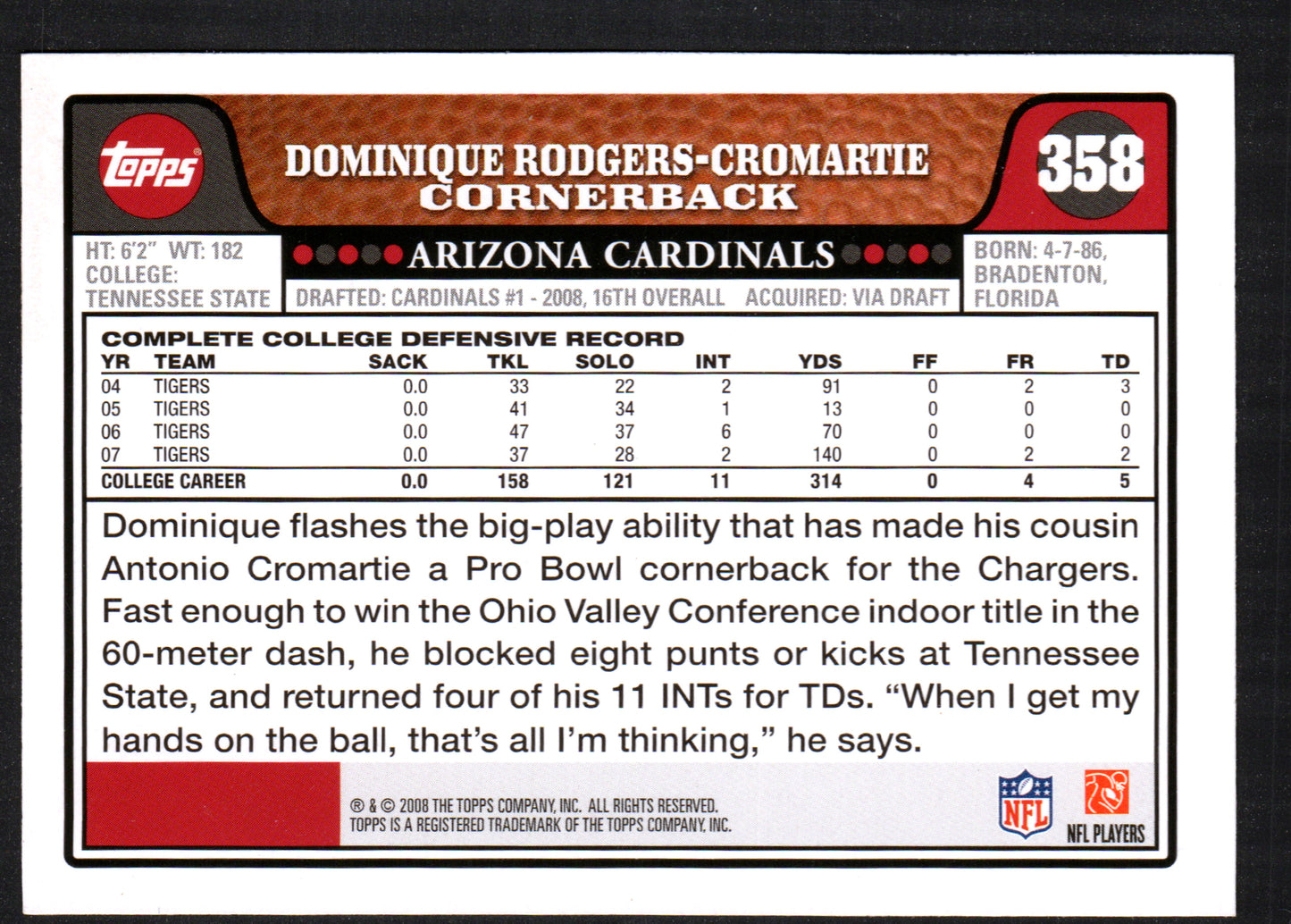 Dominique Rodgers-Cromartie Arizona Cardinals #358 - 2008 Topps