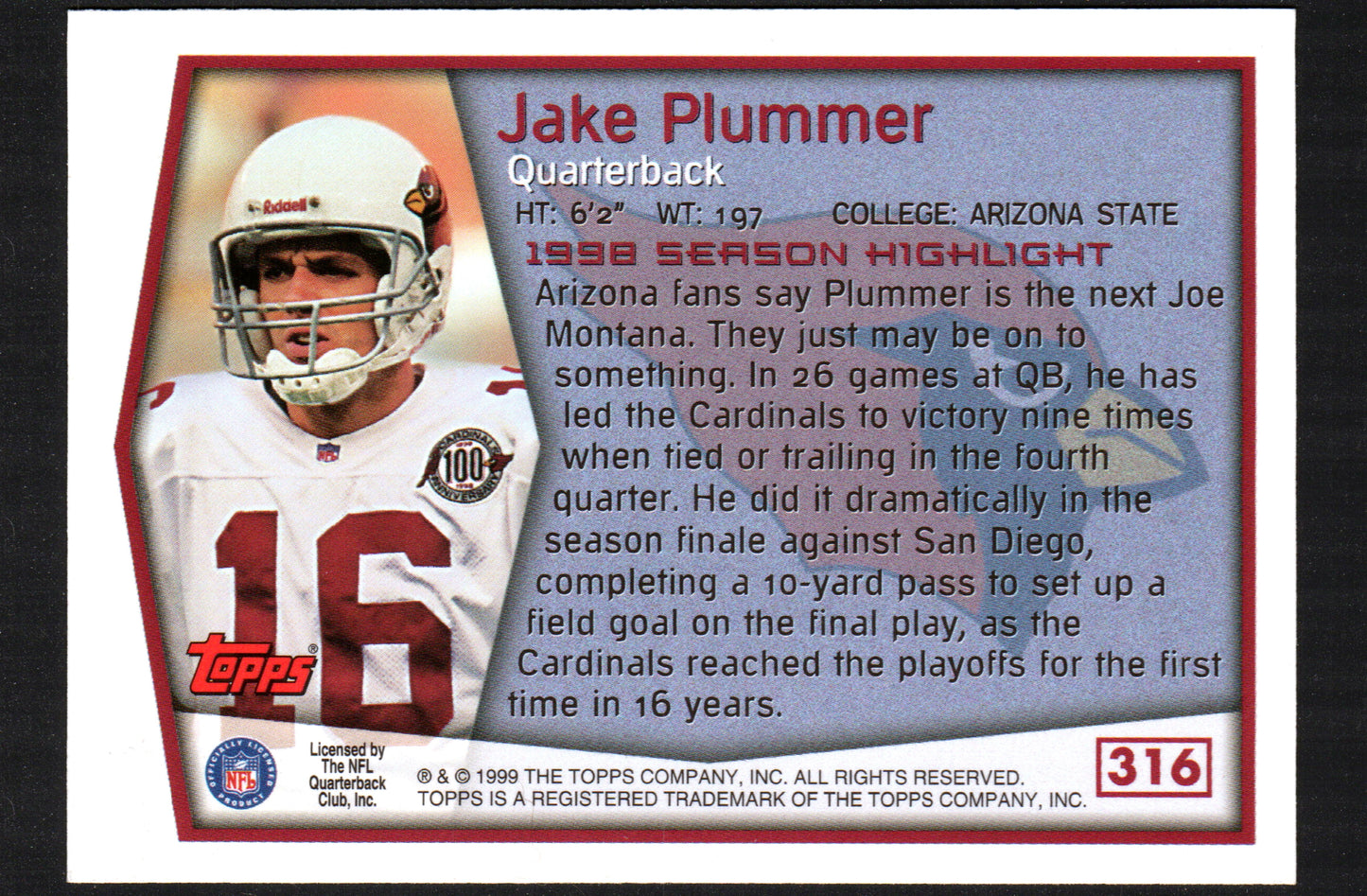 Jake Plummer Arizona Cardinals #316 - 1999 Topps